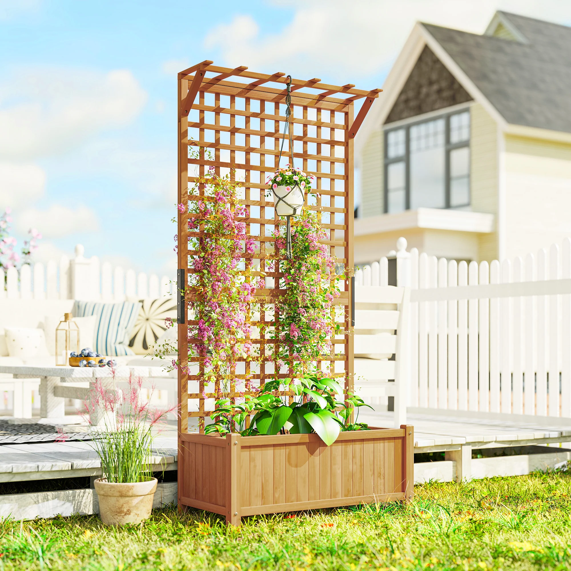 Outsunny Wood Planter with Trellis for Climbing Plants Planter Box Yellow - Image 2
