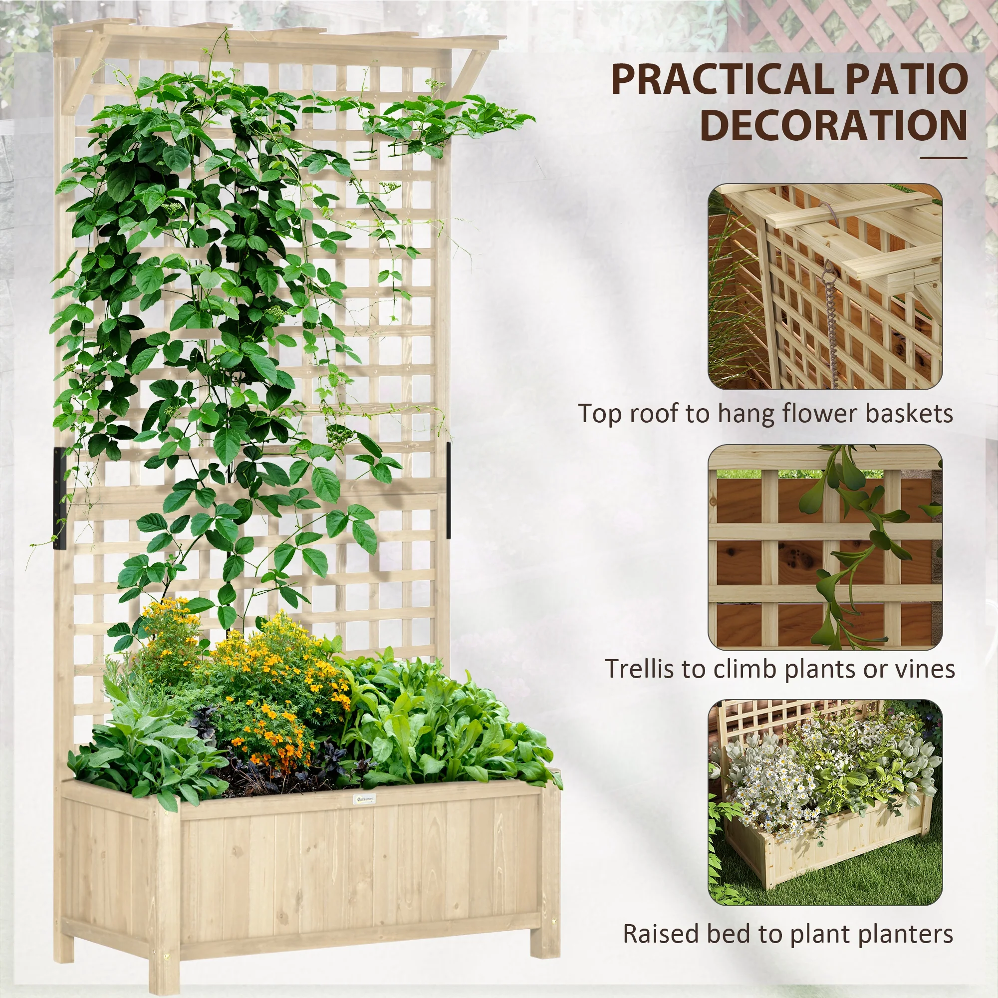 Outsunny Wood Planter with Trellis for Climbing Plants Vines Planter Box Natural - Image 3