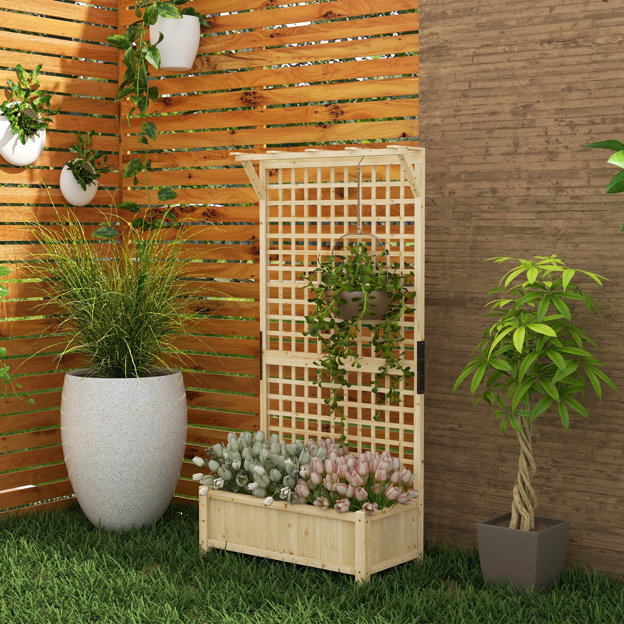 Outsunny Wood Planter with Trellis for Climbing Plants Vines Planter Box Natural - Image 7