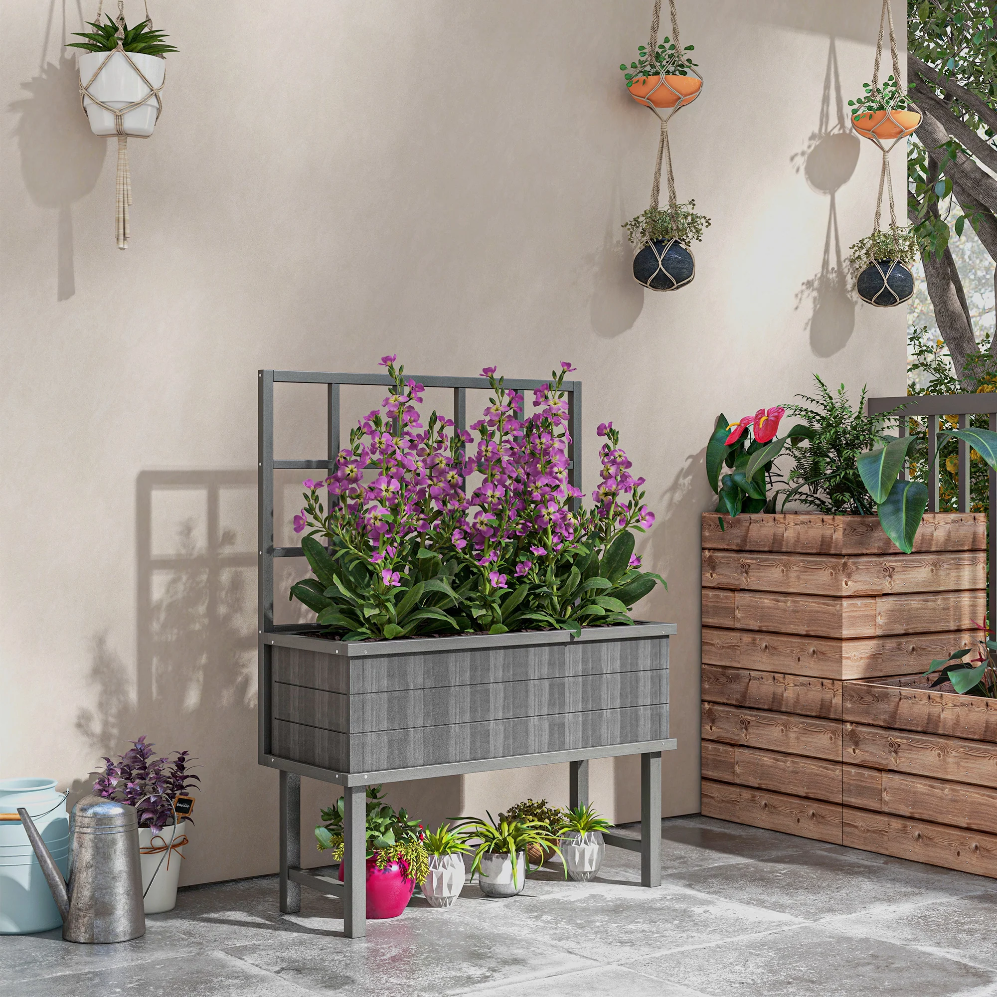 Outsunny Wood Raised Planter W/ Trellis Drain Holes Elevated Garden Bed - Natural Wood Finish/Grey - Image 11