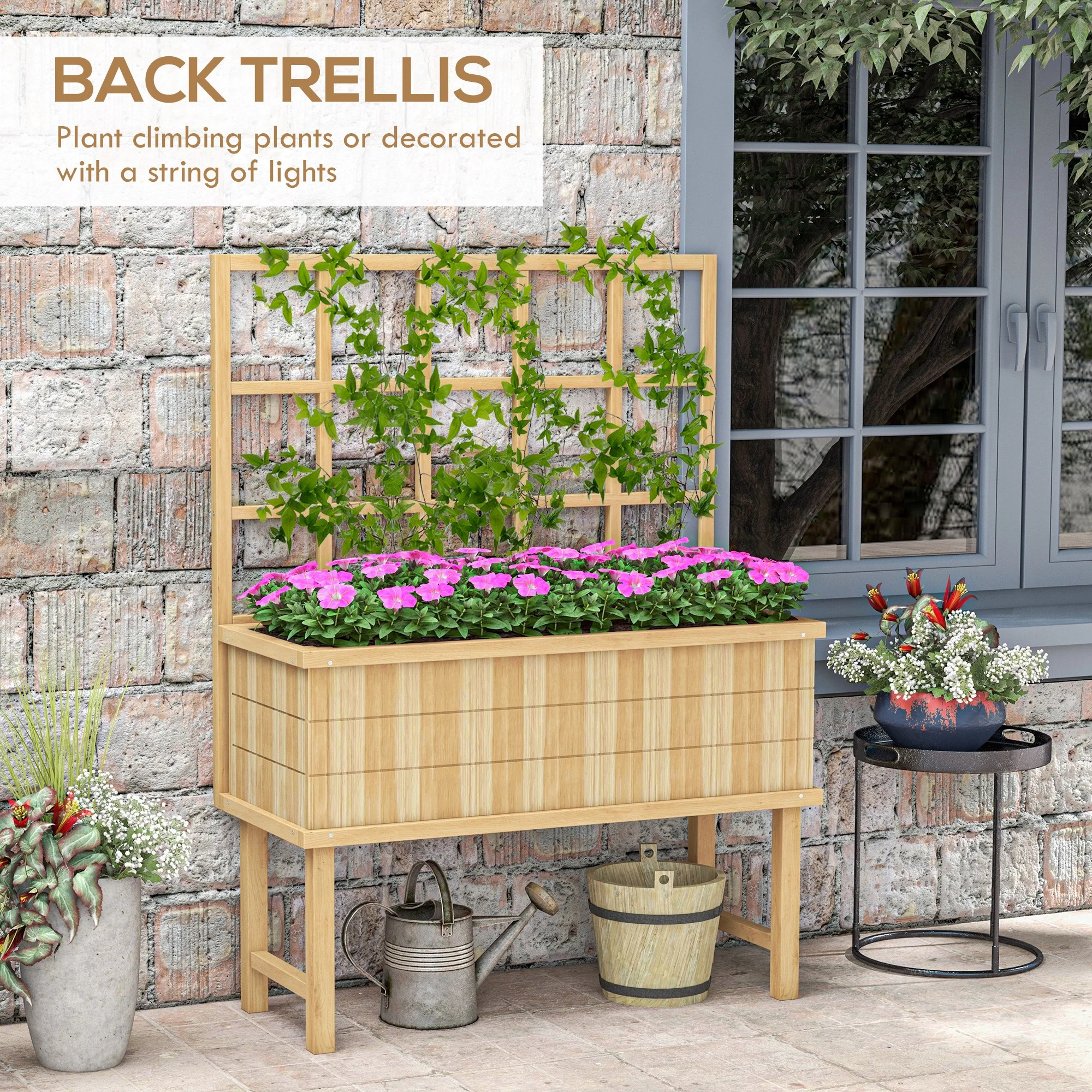 Outsunny Wood Raised Planter W/ Trellis Drain Holes Elevated Garden Bed - Natural Wood Finish/Grey - Image 3