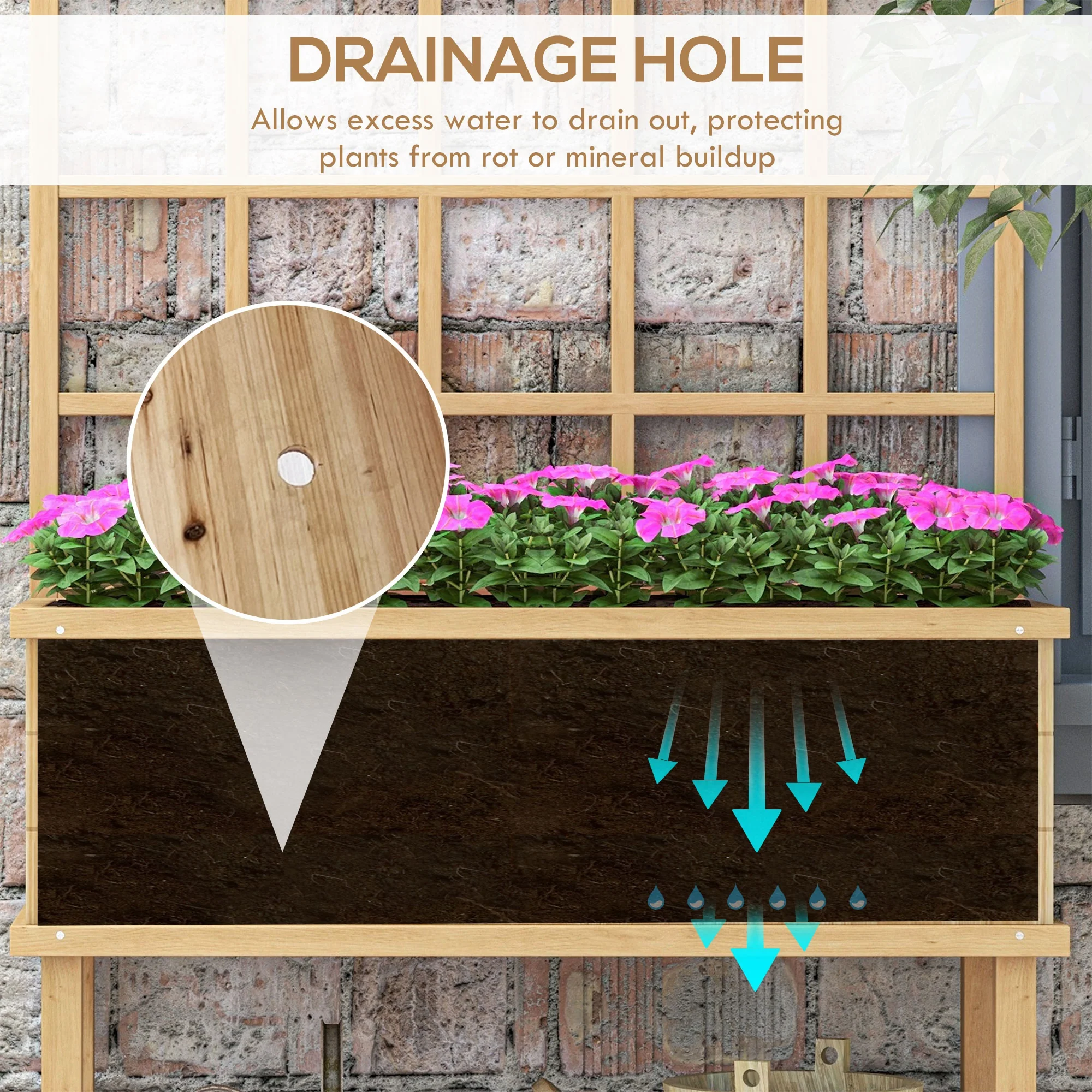 Outsunny Wood Raised Planter W/ Trellis Drain Holes Elevated Garden Bed - Natural Wood Finish/Grey - Image 4