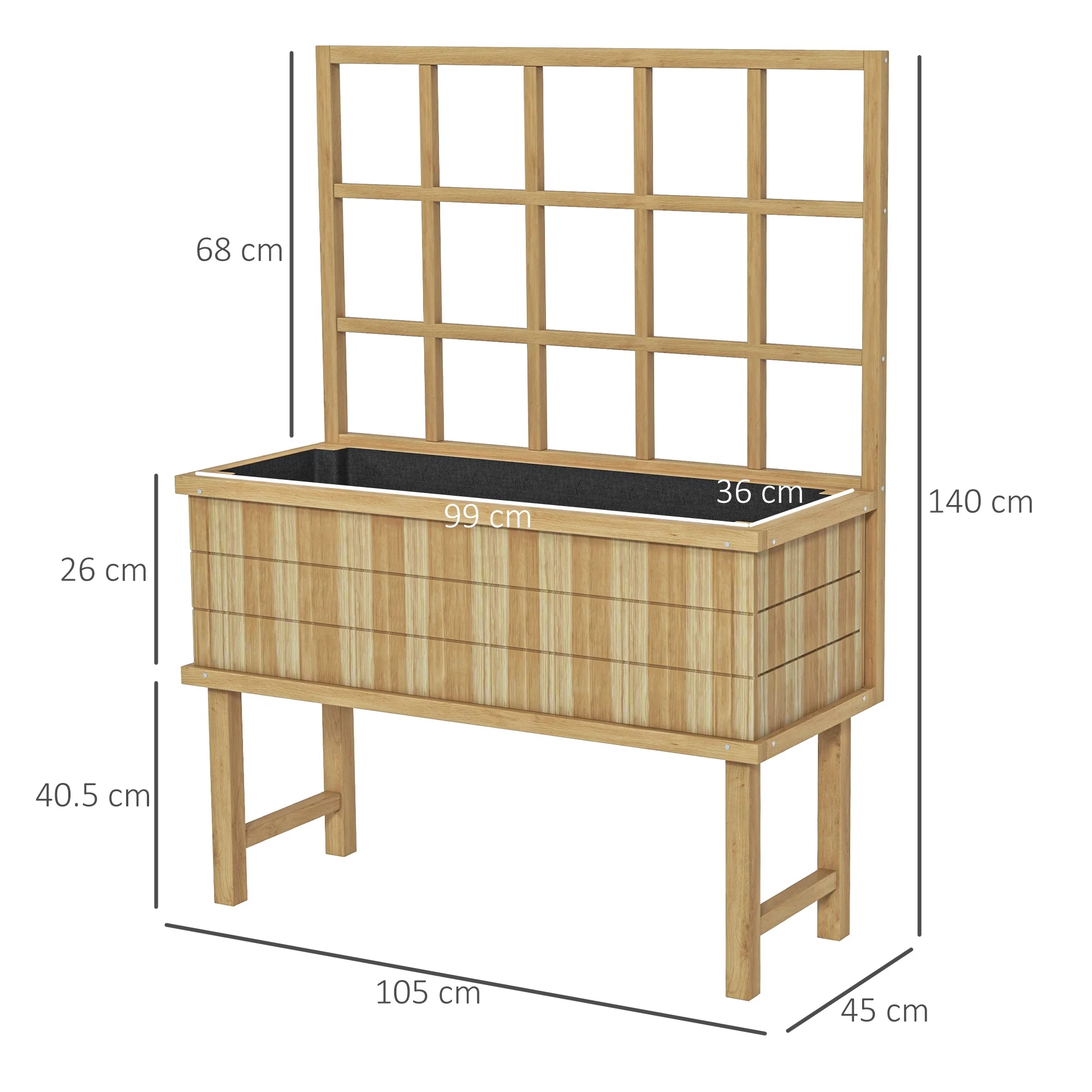 Outsunny Wood Raised Planter W/ Trellis Drain Holes Elevated Garden Bed - Natural Wood Finish/Grey - Image 5