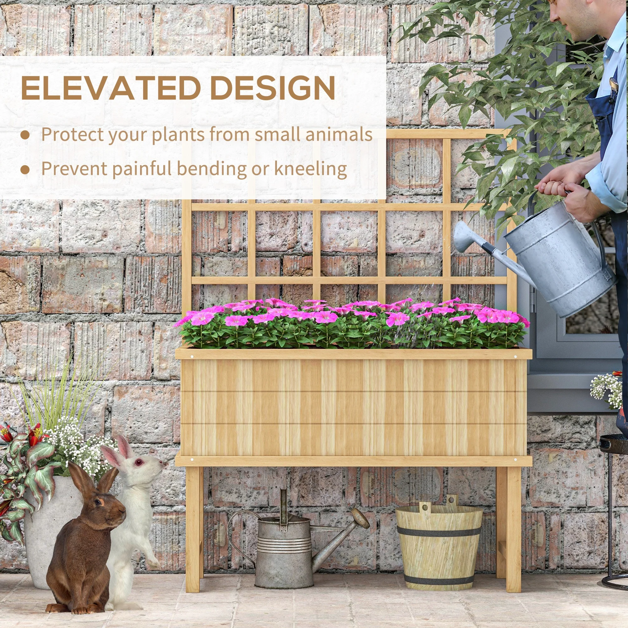 Outsunny Wood Raised Planter W/ Trellis Drain Holes Elevated Garden Bed - Natural Wood Finish/Grey - Image 7