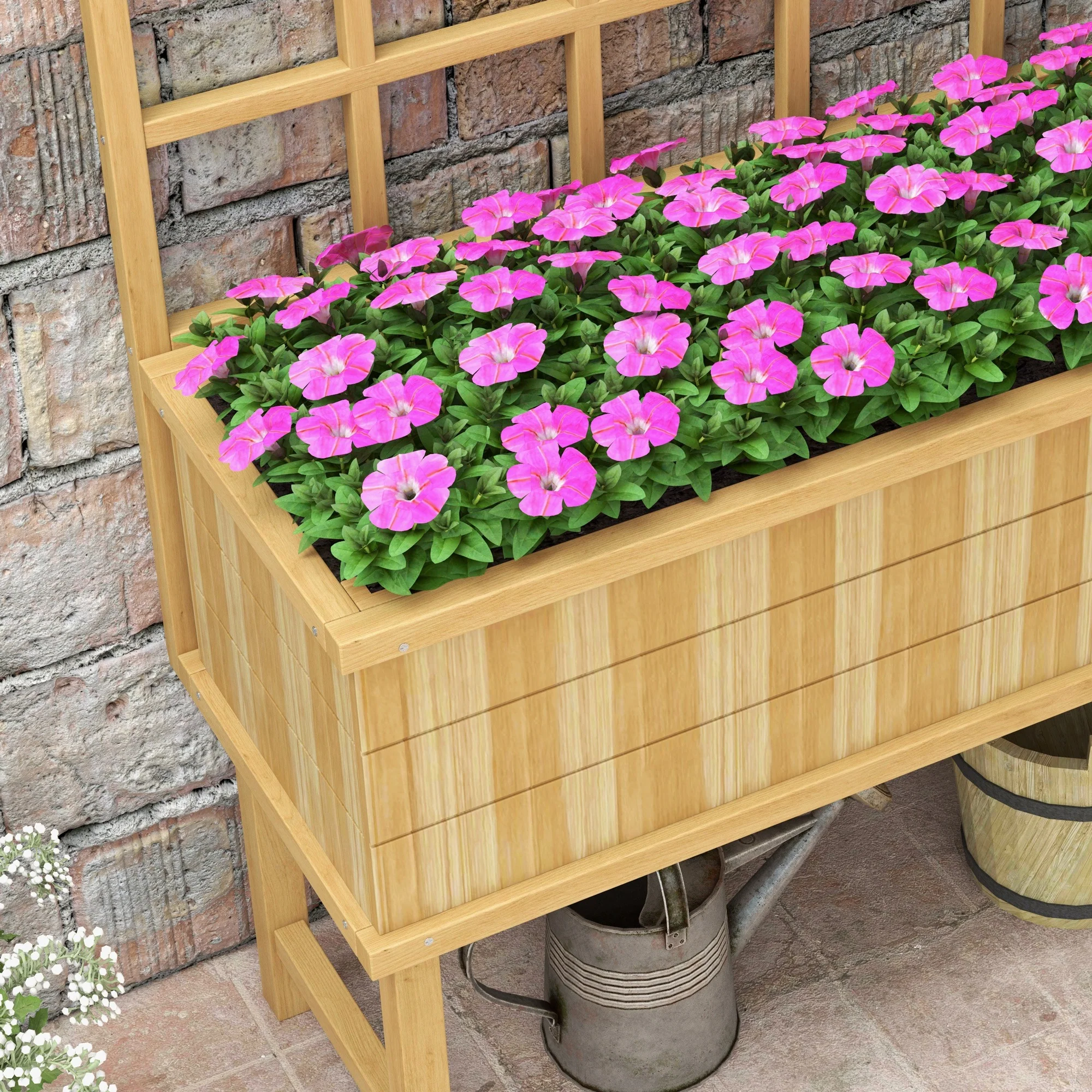 Outsunny Wood Raised Planter W/ Trellis Drain Holes Elevated Garden Bed - Natural Wood Finish/Grey - Image 8