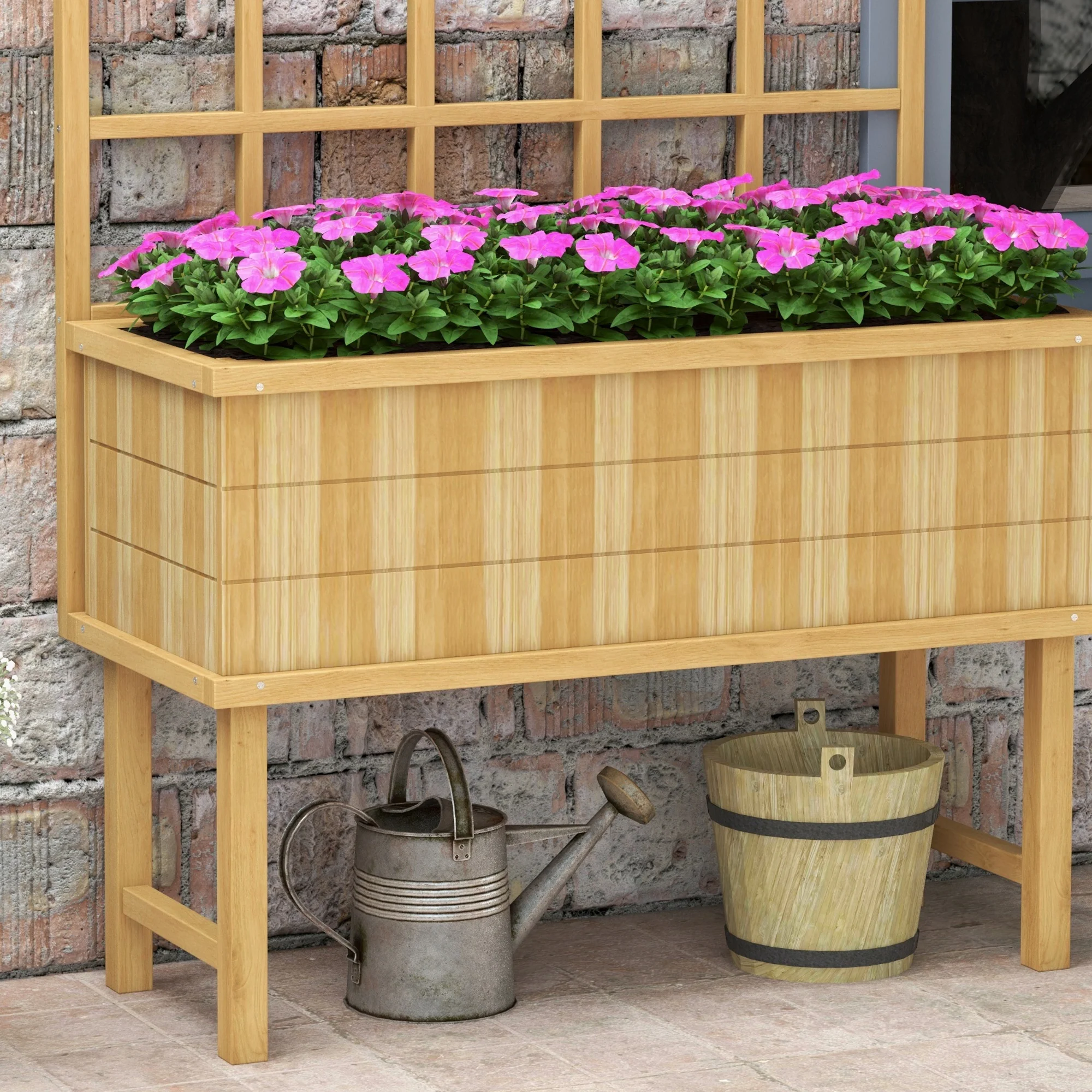 Outsunny Wood Raised Planter W/ Trellis Drain Holes Elevated Garden Bed - Natural Wood Finish/Grey - Image 9