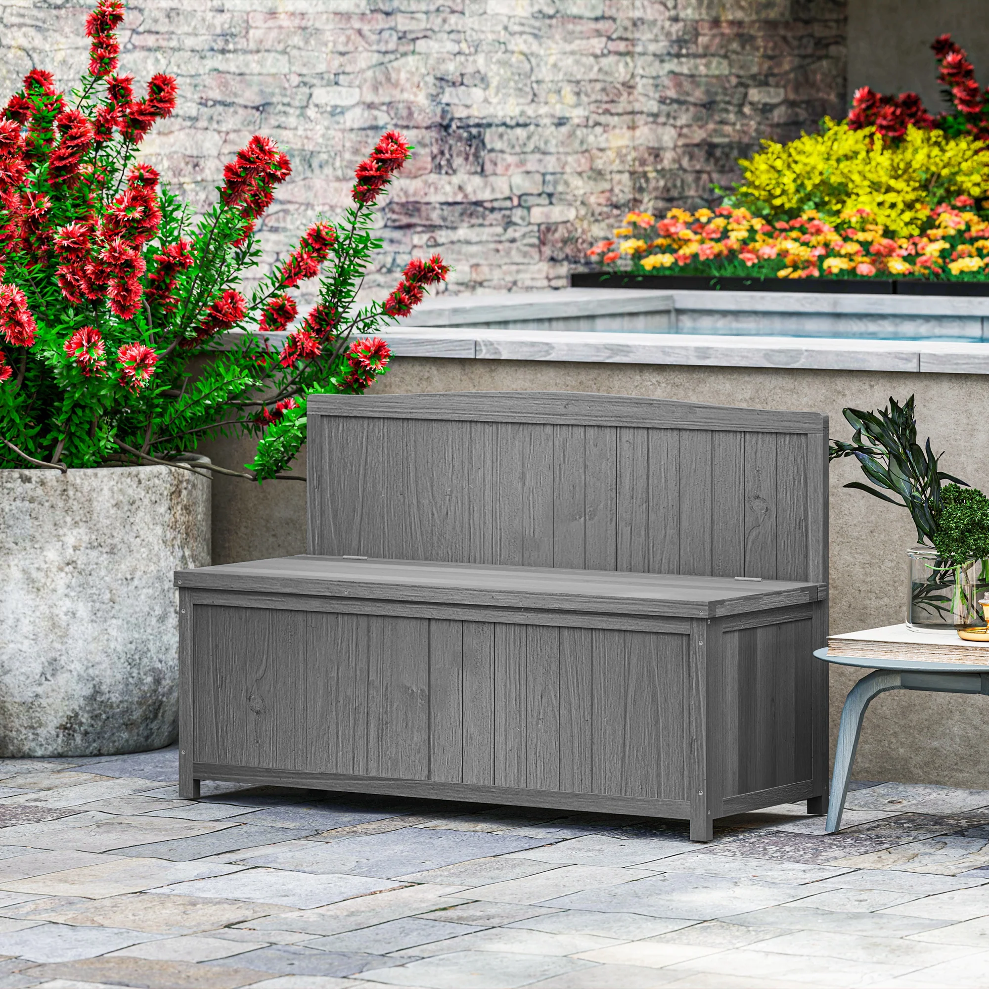 Outsunny Wood Storage Bench for Patio, Outdoor Garden Seating, Brown - Image 2