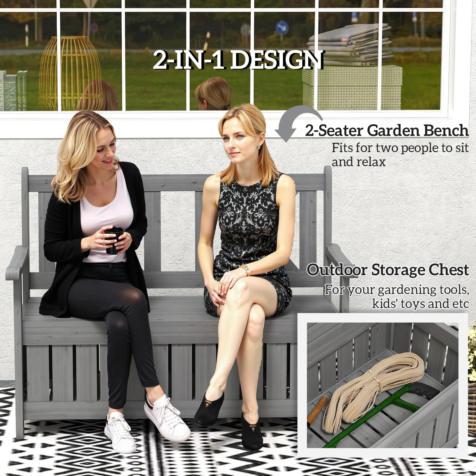 Outsunny Wood Storage Garden Bench for Patio Outdoor Seating, Charcoal Grey - Image 3