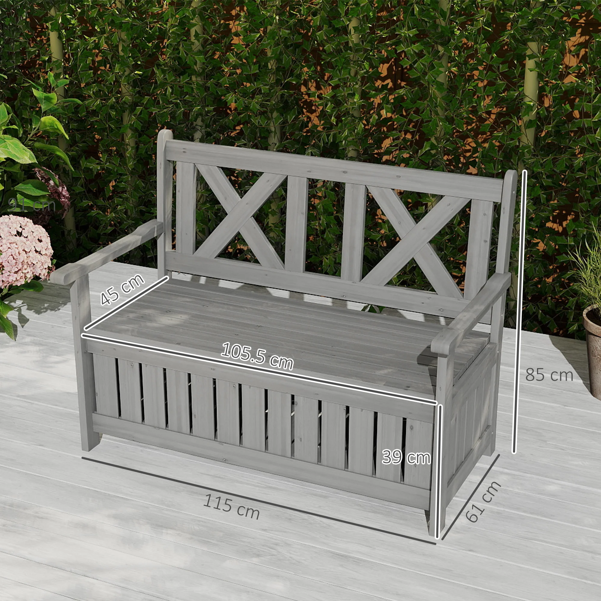 Outsunny Wood Storage Garden Bench for Patio Outdoor Seating, Charcoal Grey - Image 5