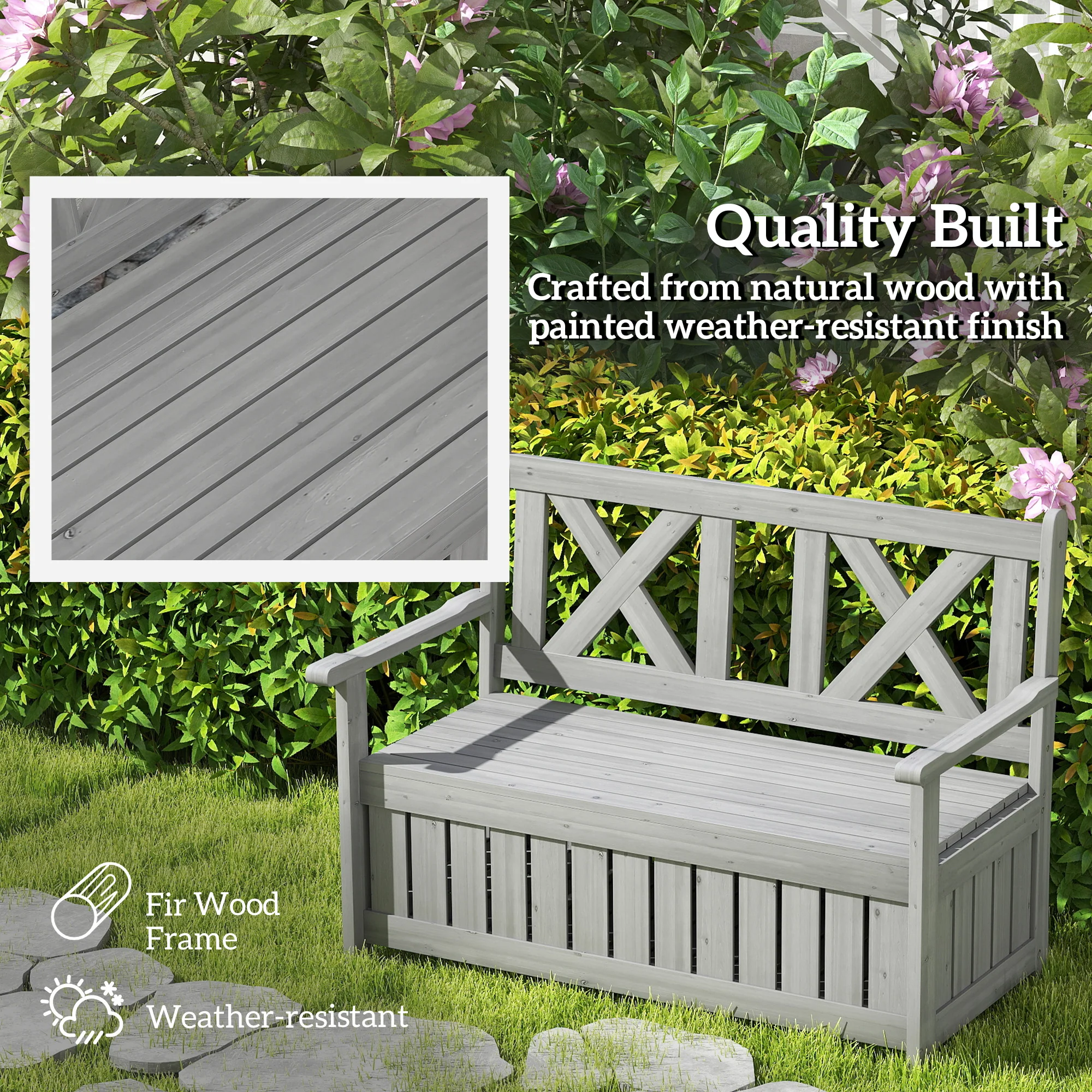 Outsunny Wood Storage Garden Bench for Patio Outdoor Seating, Charcoal Grey - Image 6