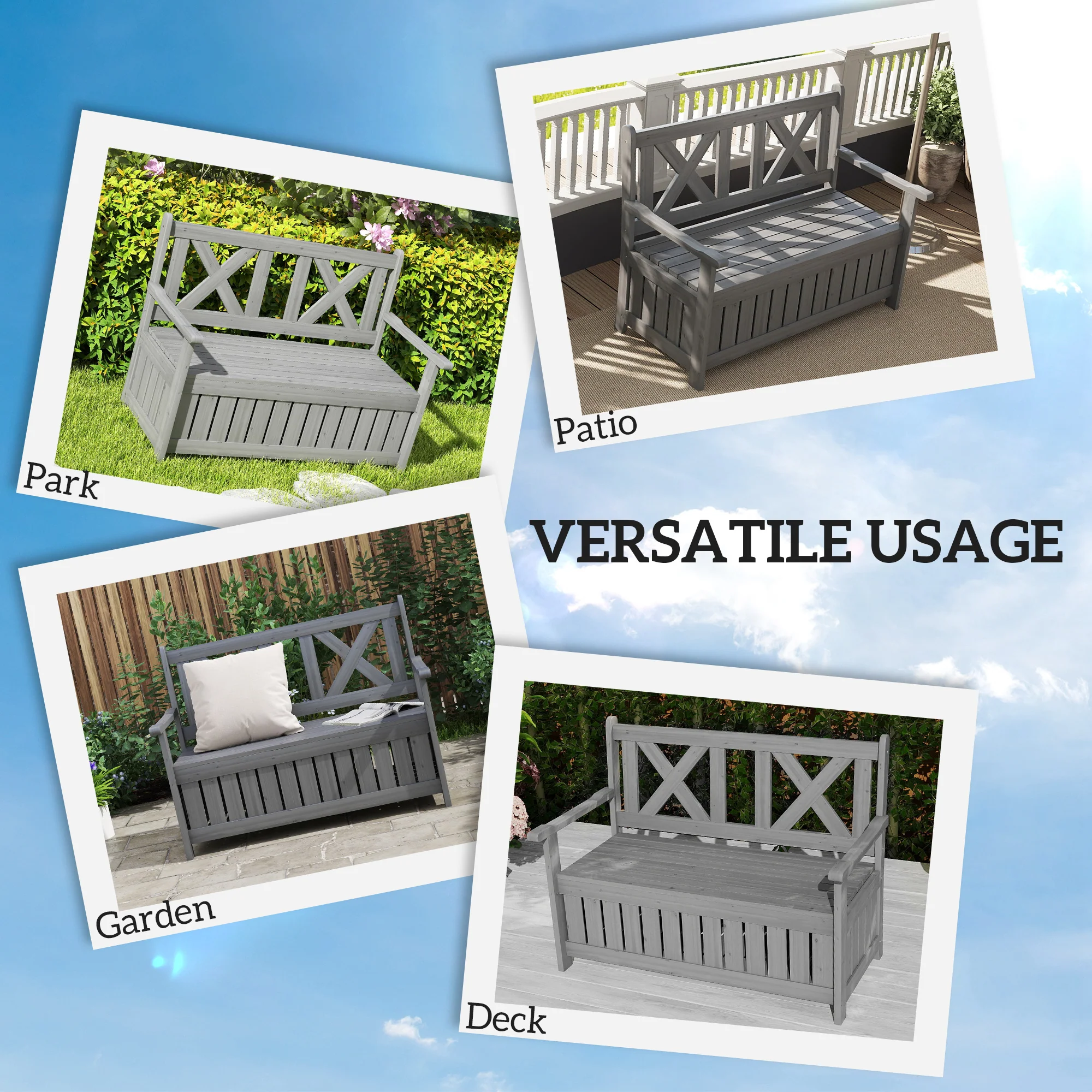 Outsunny Wood Storage Garden Bench for Patio Outdoor Seating, Charcoal Grey - Image 7