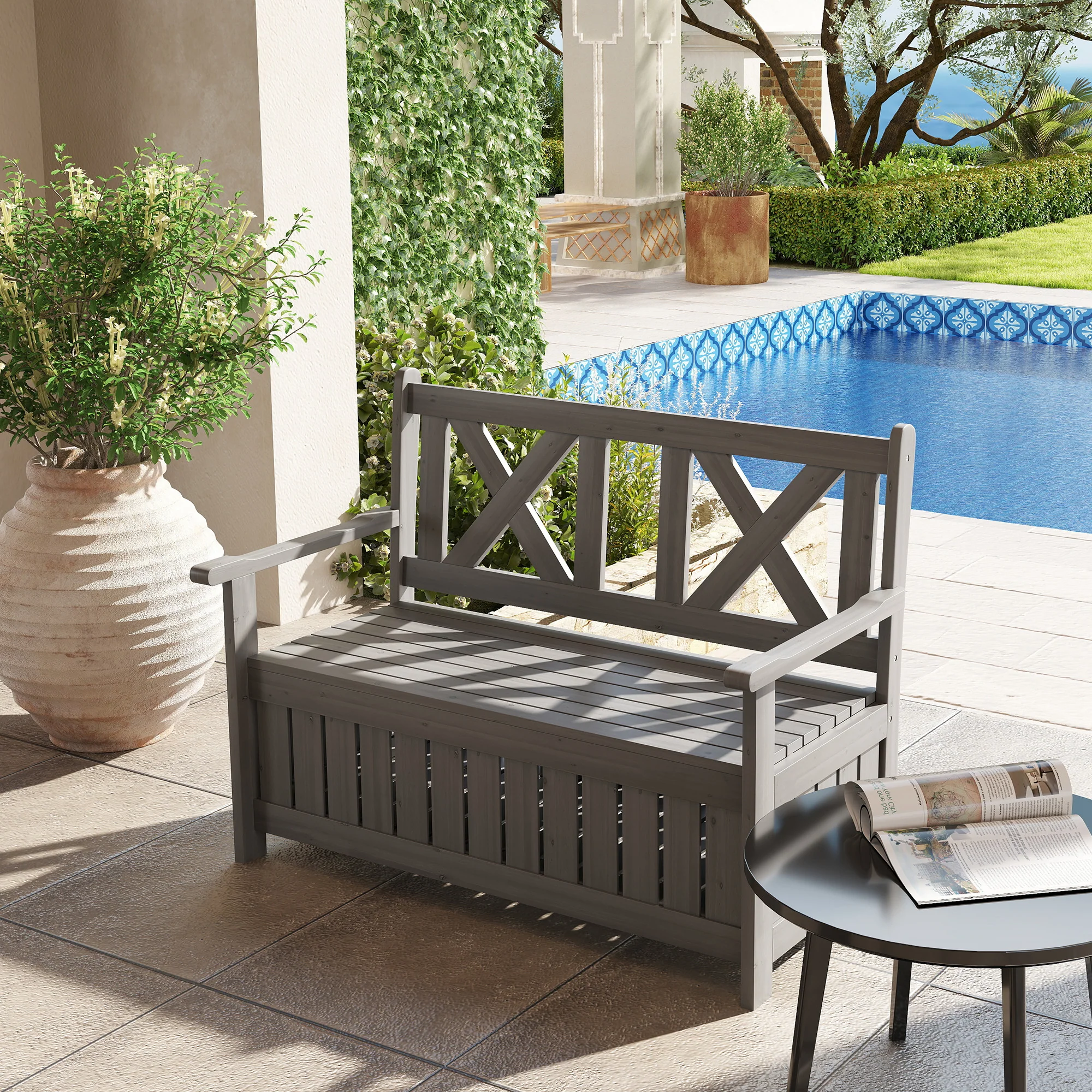 Outsunny Wood Storage Garden Bench for Patio Outdoor Seating, Charcoal Grey - Image 8