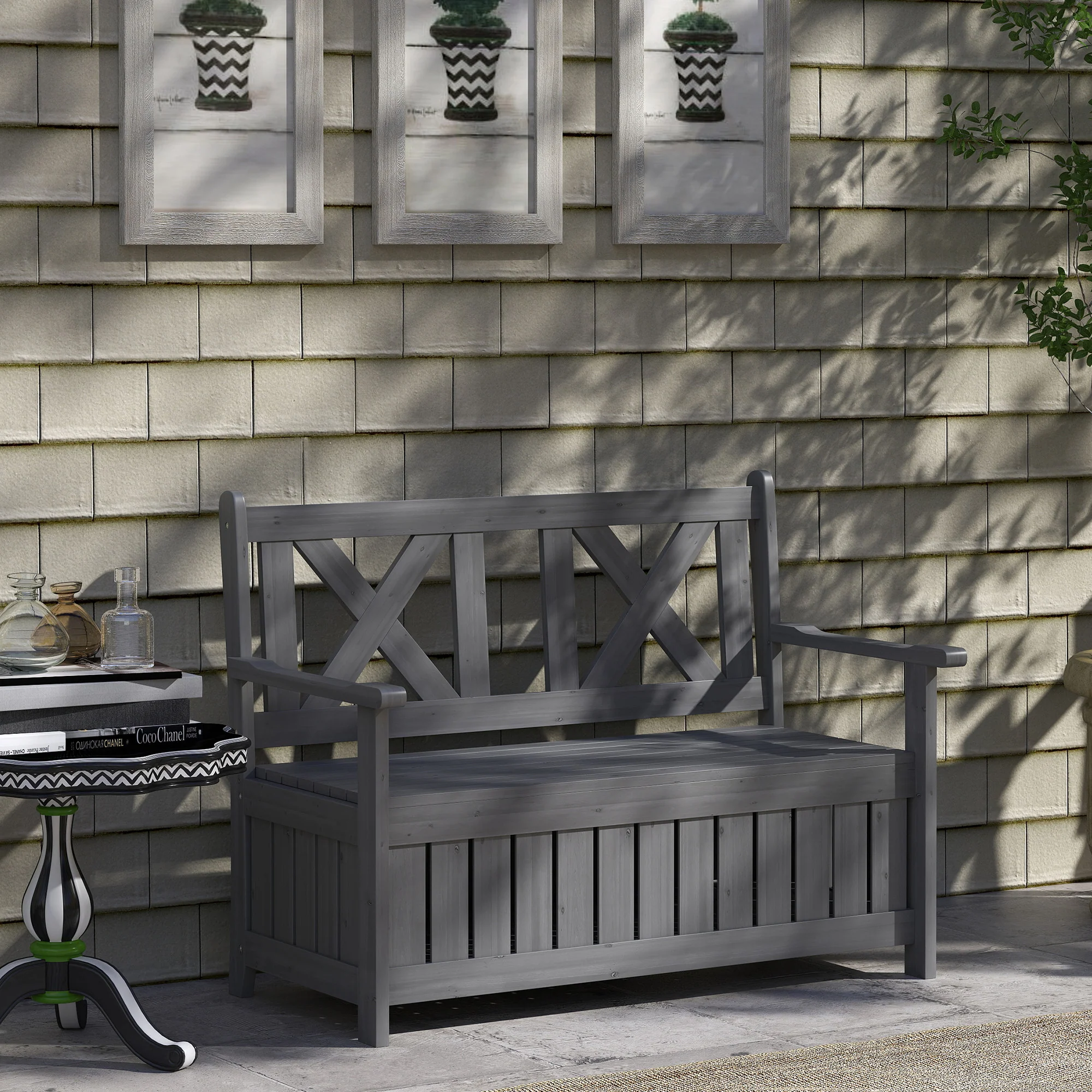 Outsunny Wood Storage Garden Bench for Patio Outdoor Seating, Charcoal Grey - Image 9
