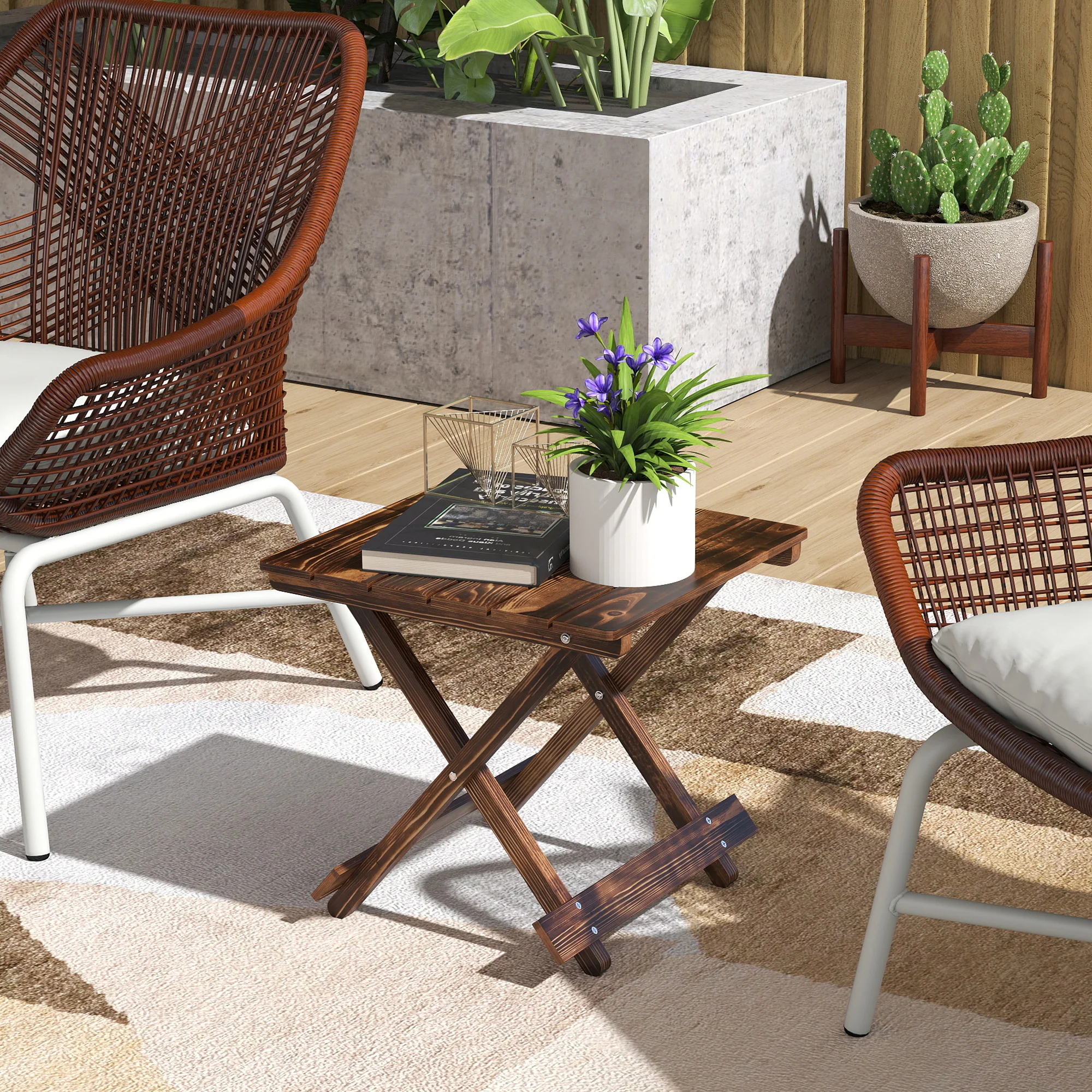 Outsunny Wooden Folding Garden Table, Folding Side Table, Carbonised Finish - Image 2