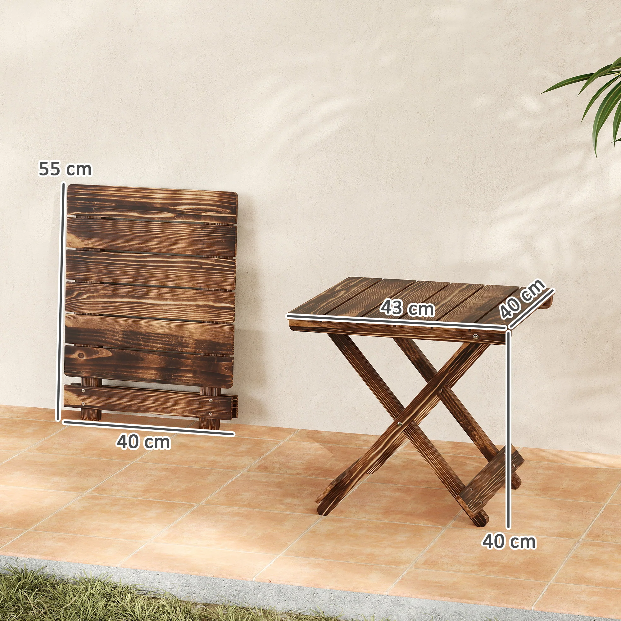 Outsunny Wooden Folding Garden Table, Folding Side Table, Carbonised Finish - Image 3