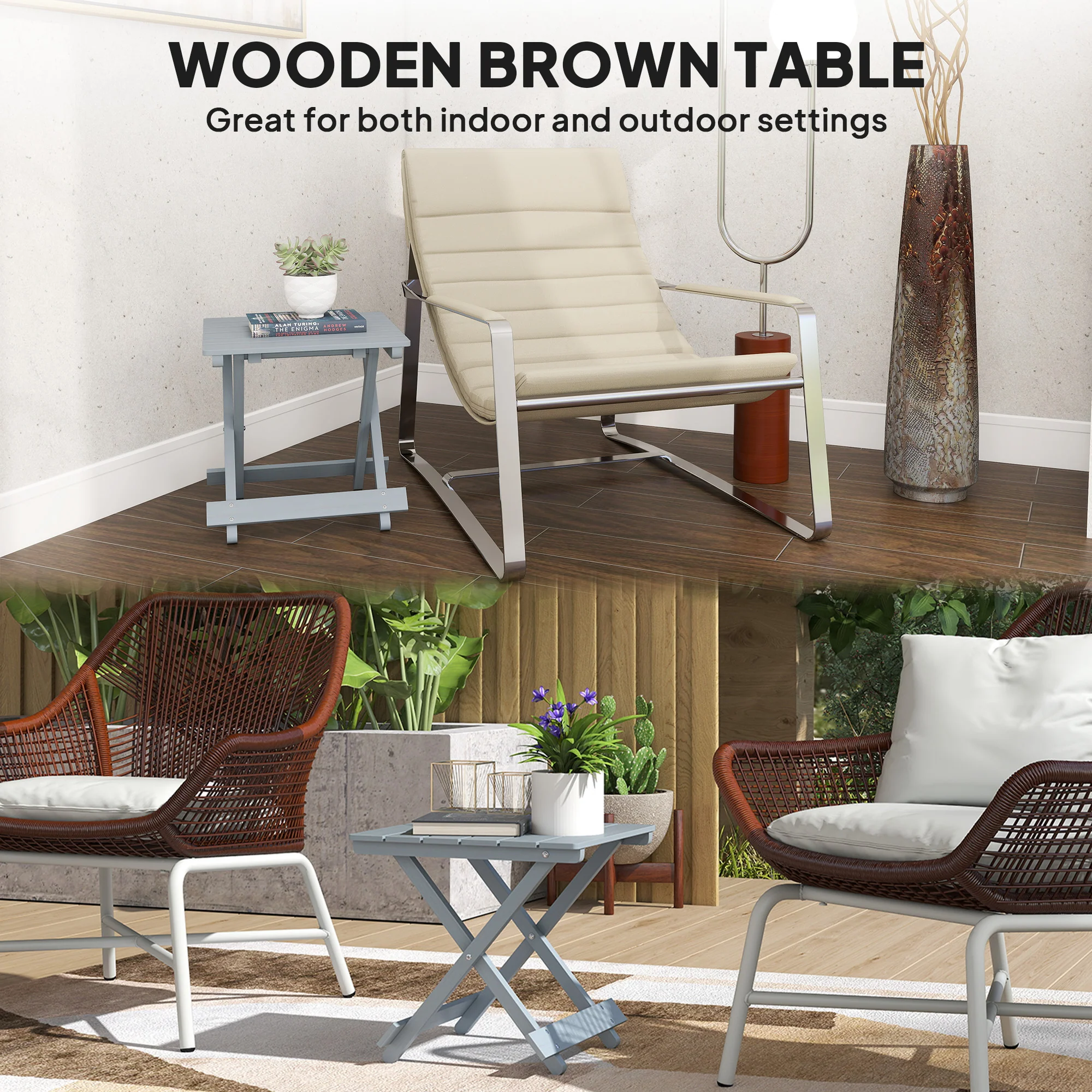 Outsunny Wooden Folding Garden Table, Folding Side Table, Grey - Image 4