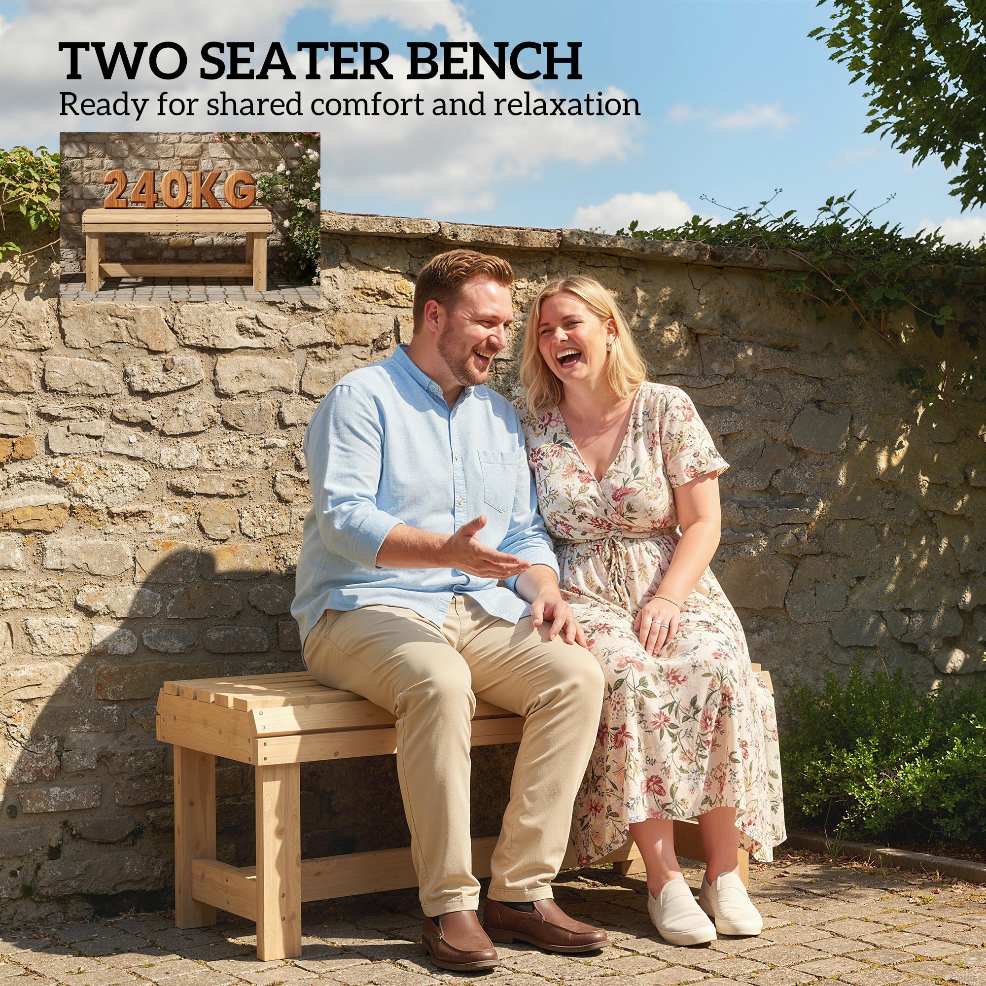 Outsunny Wooden Garden Bench, 2 Seater Slatted Outdoor Bench, Natural Wood - Image 8