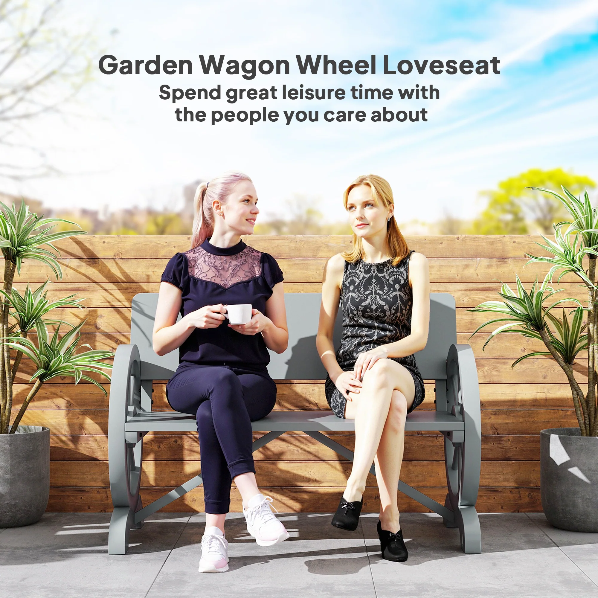 Outsunny Wooden Garden Bench Outdoor Loveseat with High Back, Grey - Image 7