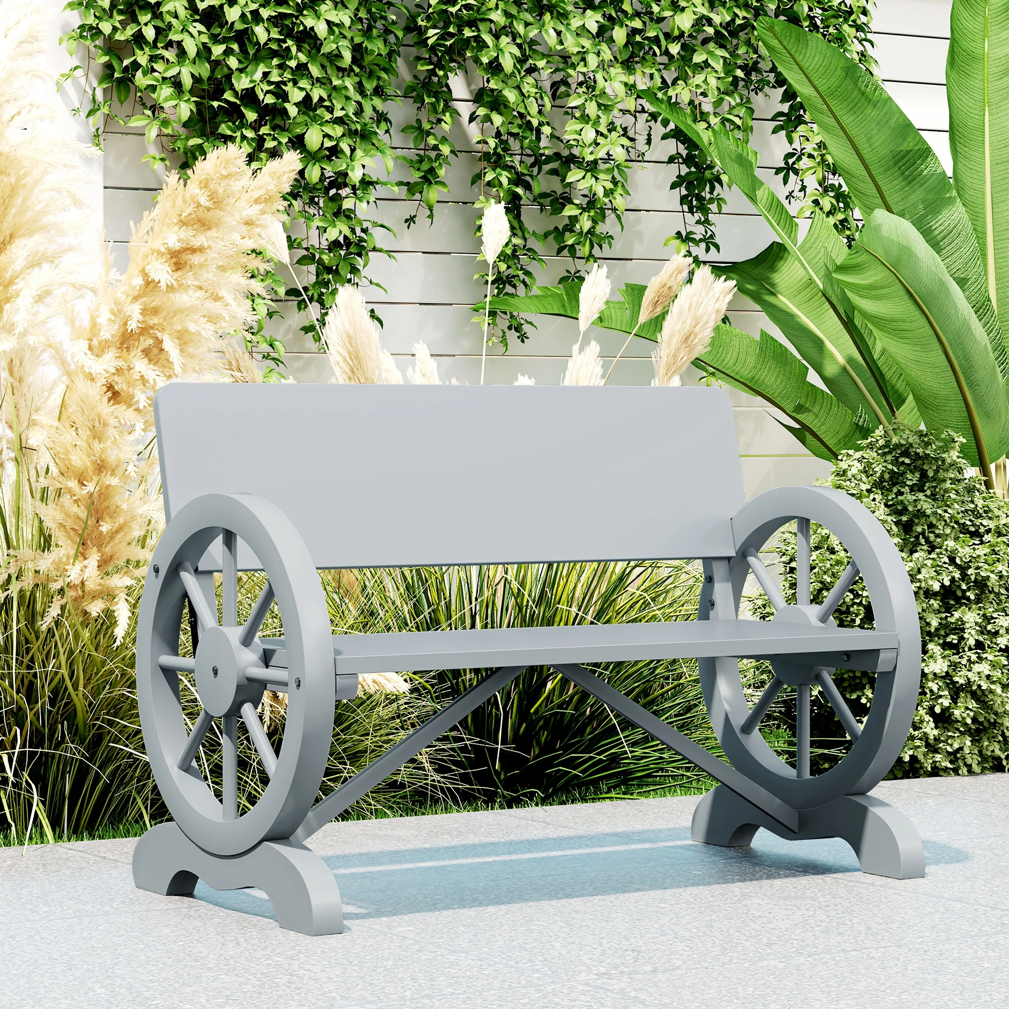 Outsunny Wooden Garden Bench Outdoor Loveseat with High Back, Grey - Image 8