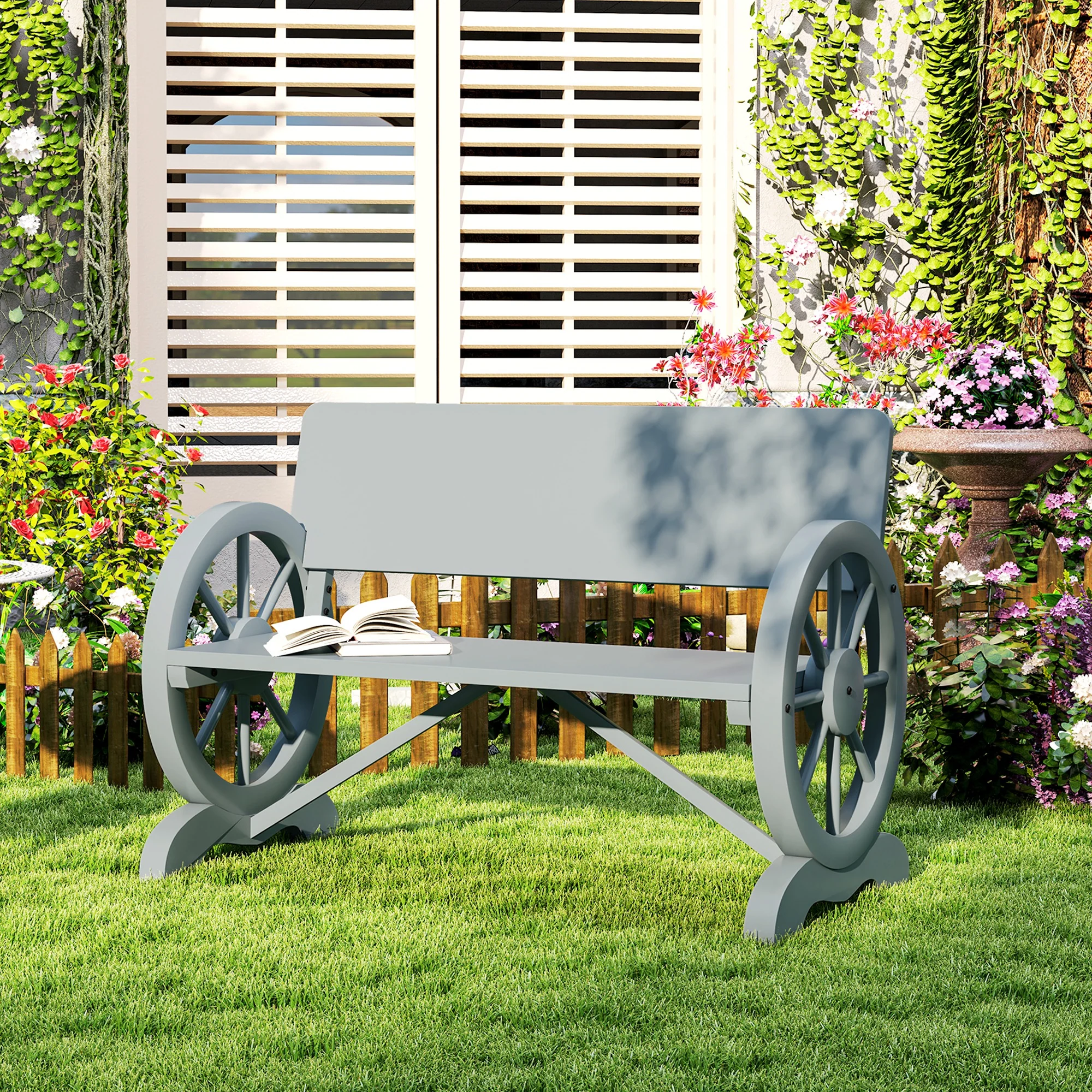 Outsunny Wooden Garden Bench Outdoor Loveseat with High Back, Grey - Image 9