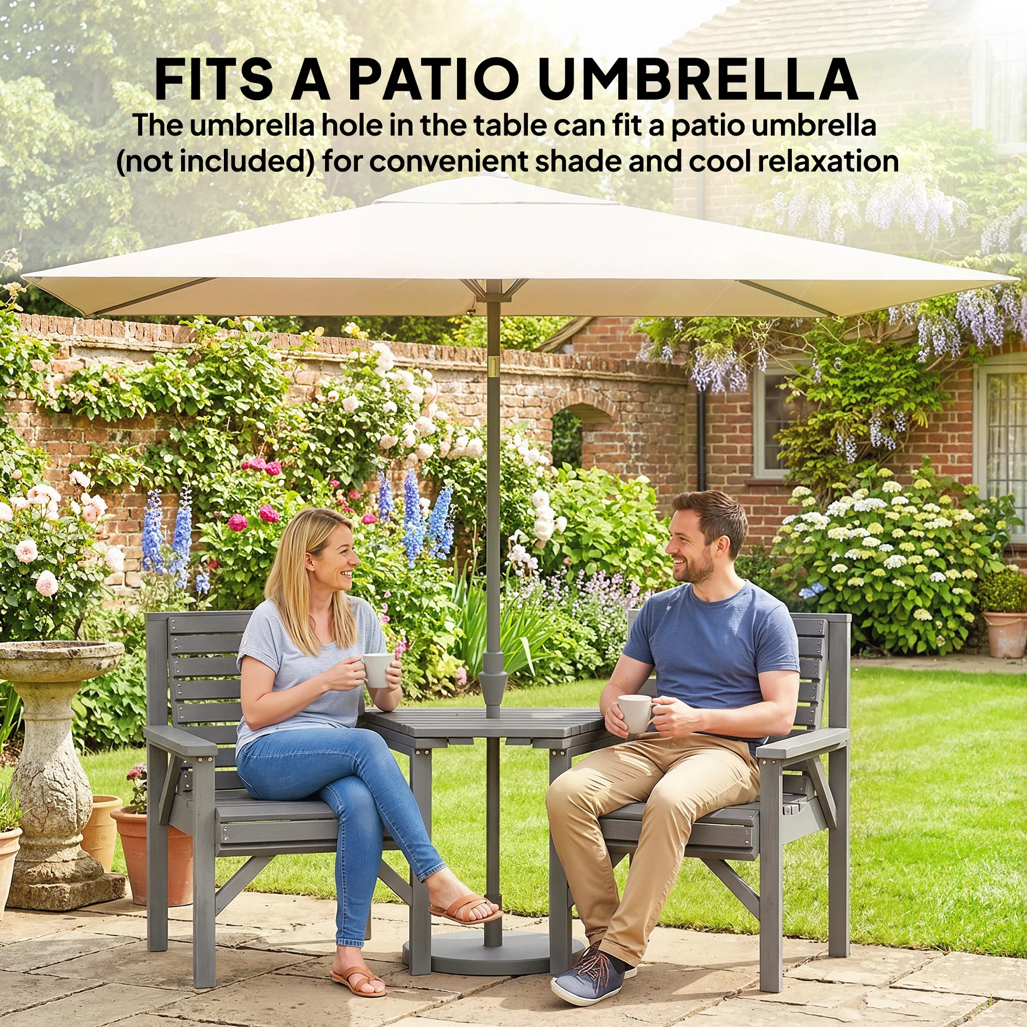 Outsunny Wooden Garden Bistro Set, 2 Seater W/ Umbrella Hole, Light Grey - Image 5