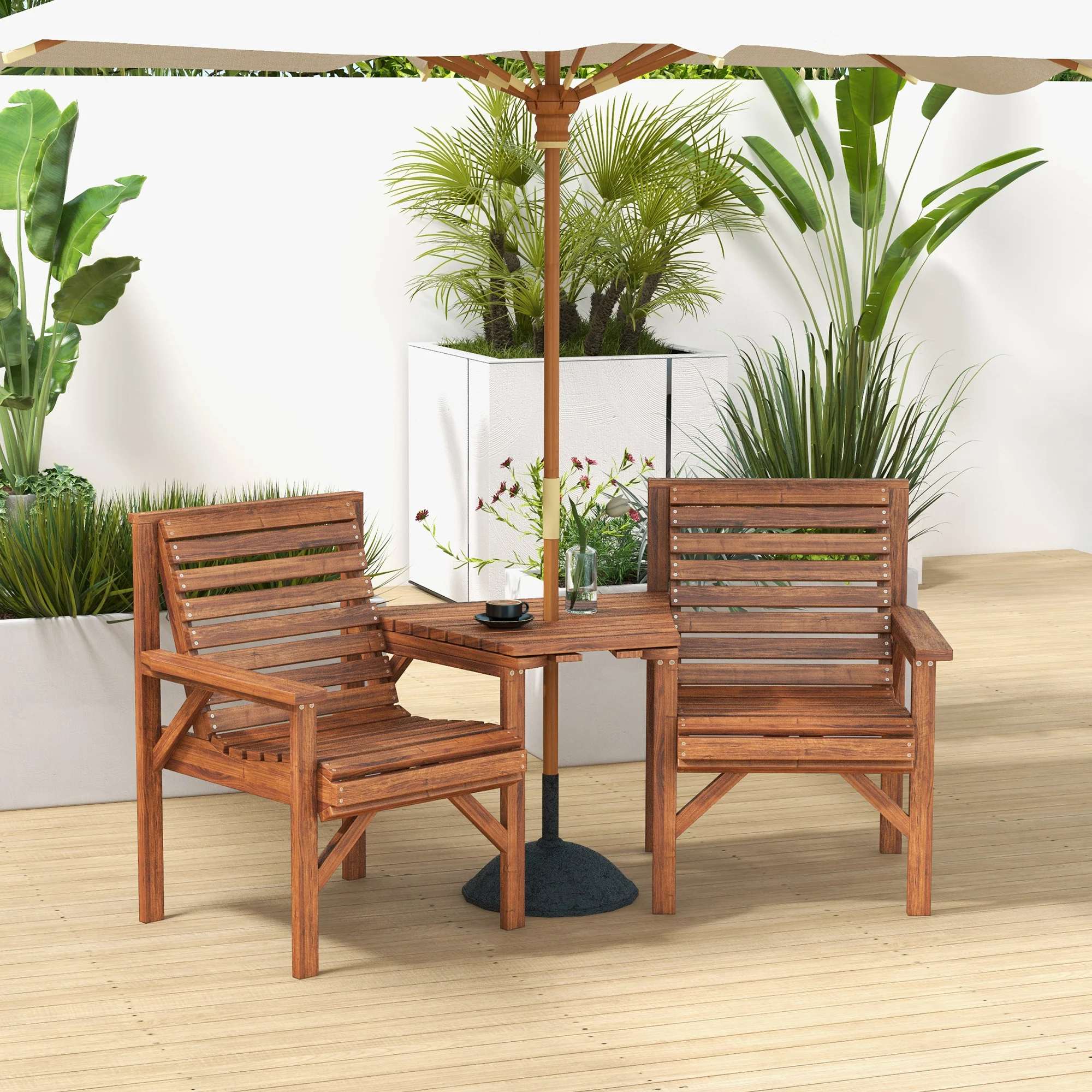 Outsunny Wooden Garden Love Seat W/ Coffee Table Partner Bench Tan Brown - Image 11