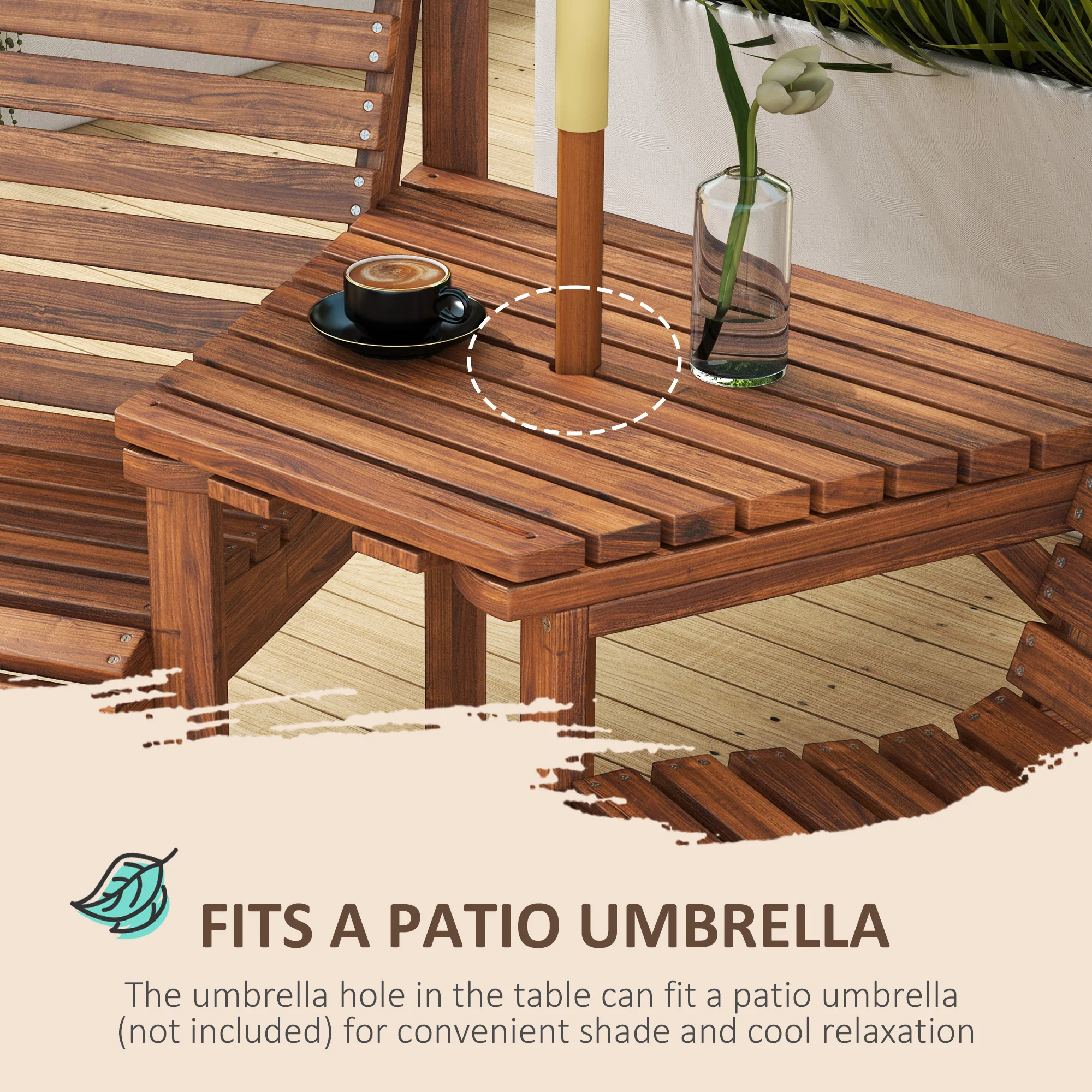 Outsunny Wooden Garden Love Seat W/ Coffee Table Partner Bench Tan Brown - Image 13