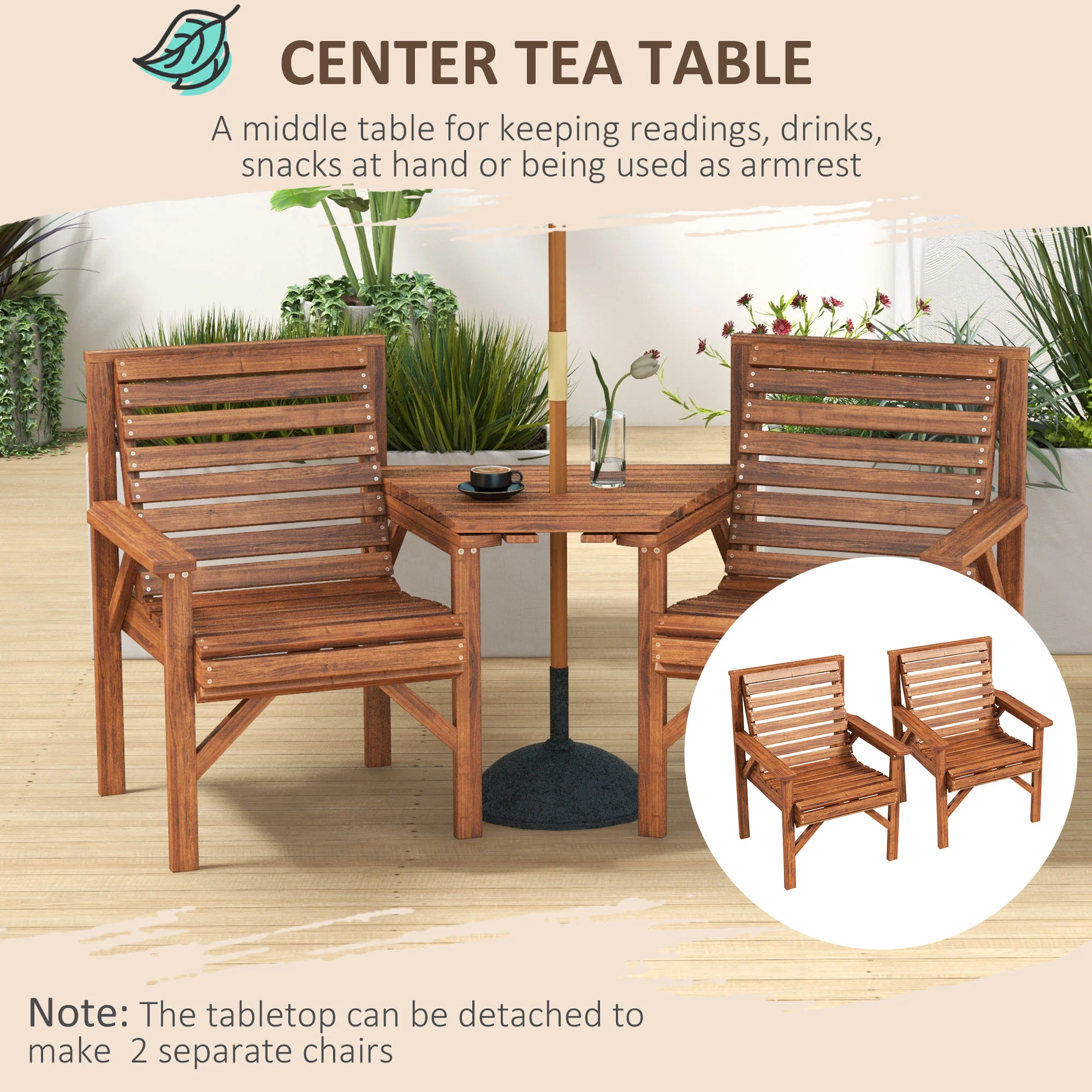 Outsunny Wooden Garden Love Seat W/ Coffee Table Partner Bench Tan Brown - Image 15