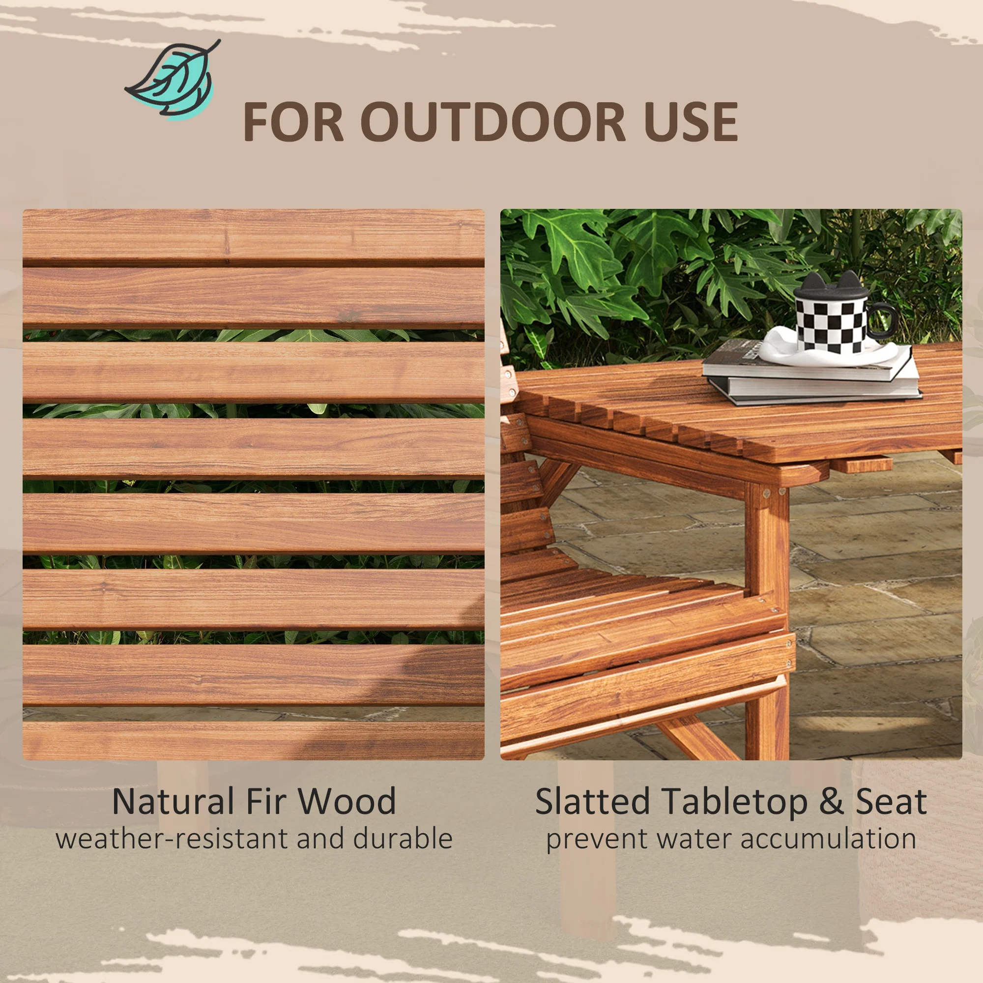 Outsunny Wooden Garden Love Seat W/ Coffee Table Partner Bench Tan Brown - Image 16