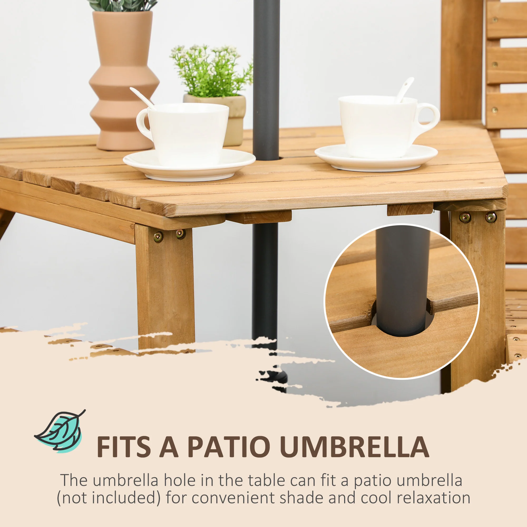 Outsunny Wooden Garden Love Seat W/ Coffee Table Partner Bench Tan Brown - Image 4
