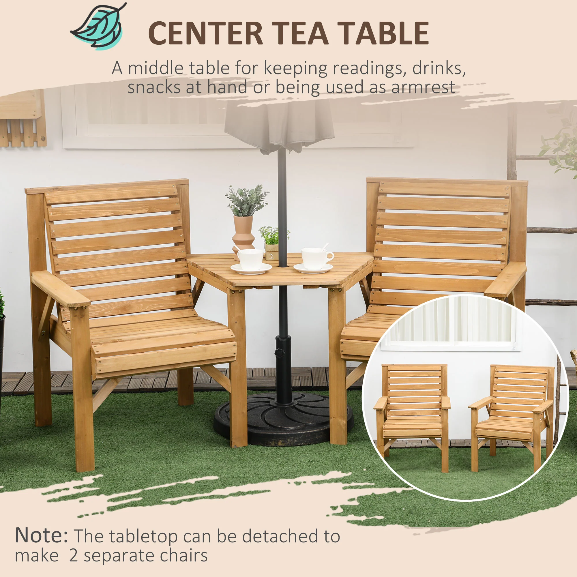 Outsunny Wooden Garden Love Seat W/ Coffee Table Partner Bench Tan Brown - Image 6