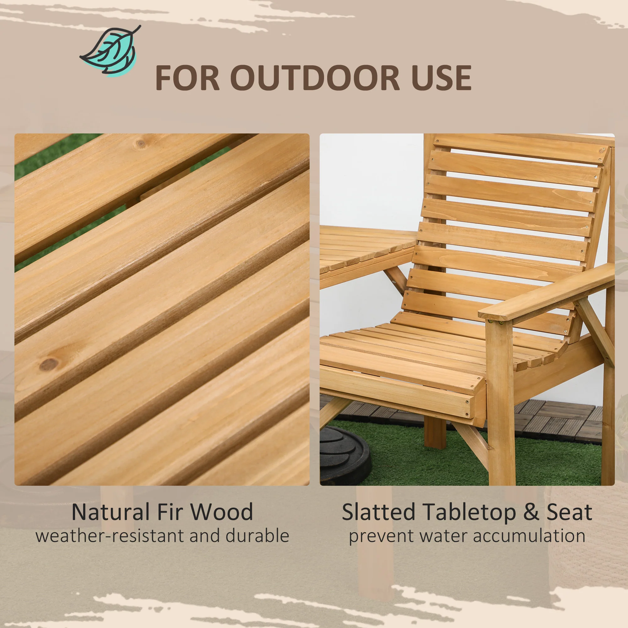 Outsunny Wooden Garden Love Seat W/ Coffee Table Partner Bench Tan Brown - Image 7