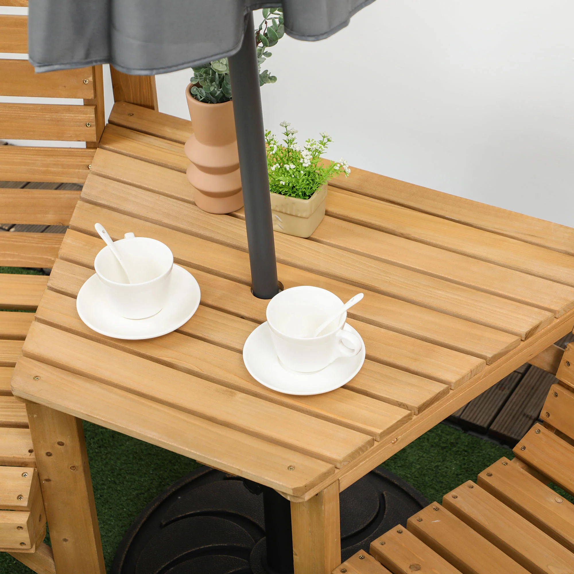 Outsunny Wooden Garden Love Seat W/ Coffee Table Partner Bench Tan Brown - Image 9