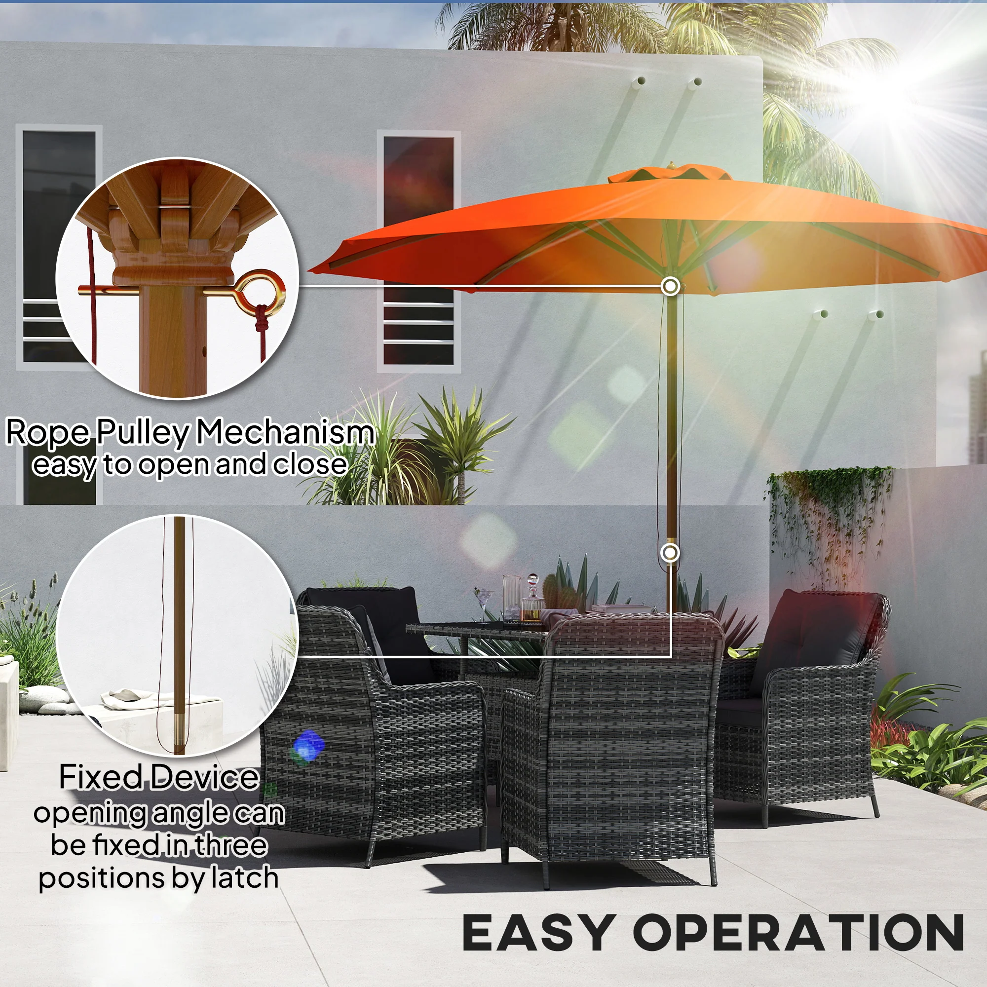 Outsunny Wooden Garden Parasol with Rope Pulley Mechanism and 8 Ribs - Image 13