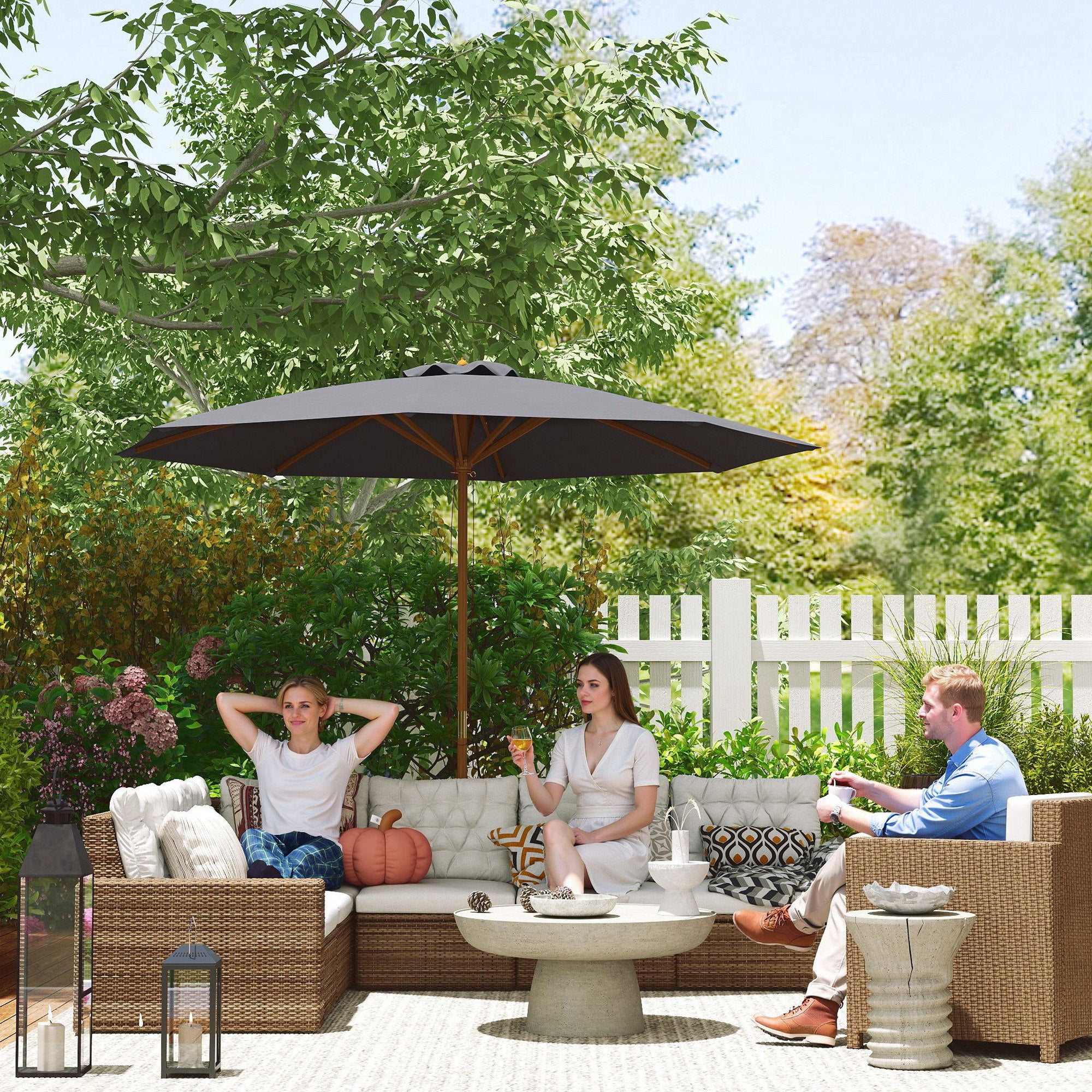 Outsunny Wooden Garden Parasol with Rope Pulley Mechanism and 8 Ribs - Image 2