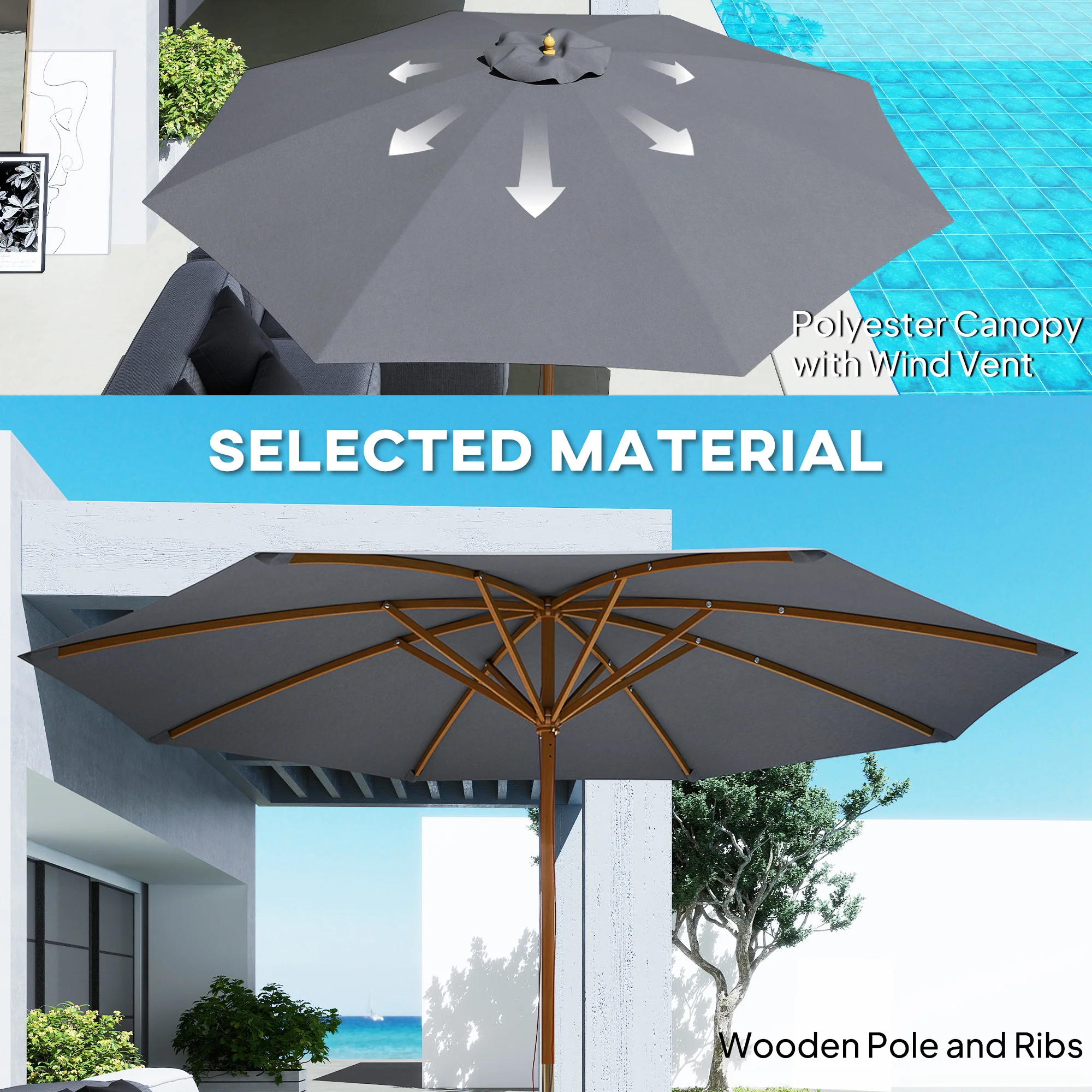 Outsunny Wooden Garden Parasol with Rope Pulley Mechanism and 8 Ribs - Image 3