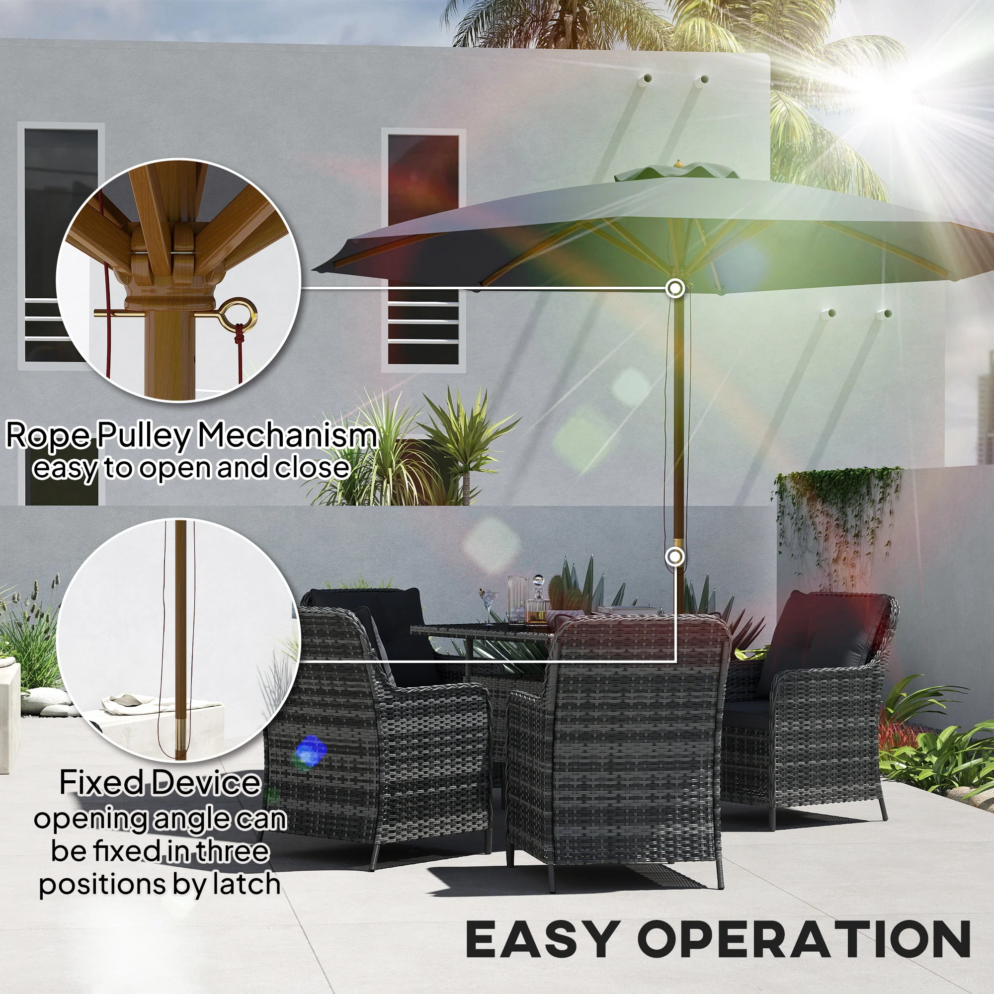 Outsunny Wooden Garden Parasol with Rope Pulley Mechanism and 8 Ribs - Image 4