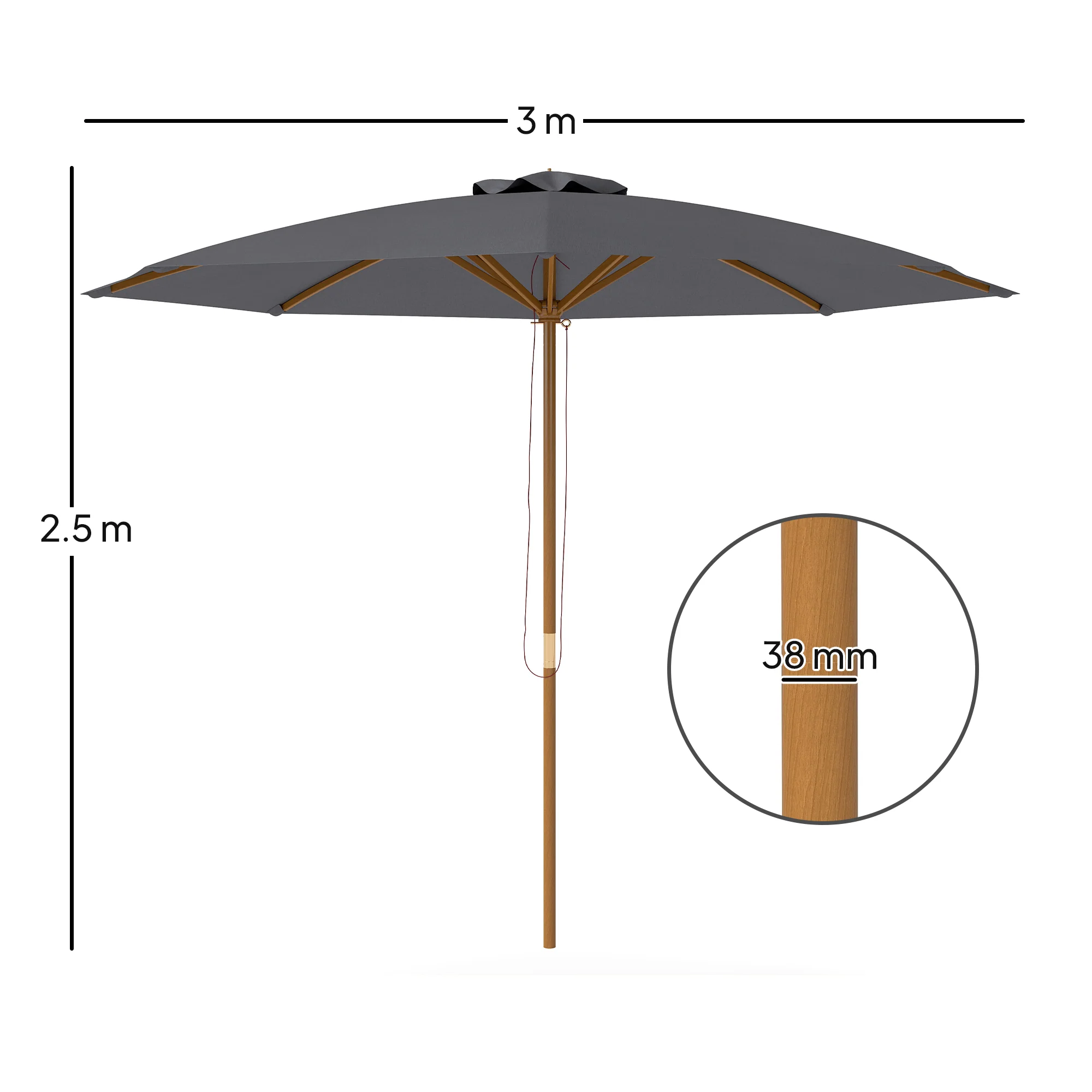 Outsunny Wooden Garden Parasol with Rope Pulley Mechanism and 8 Ribs - Image 5