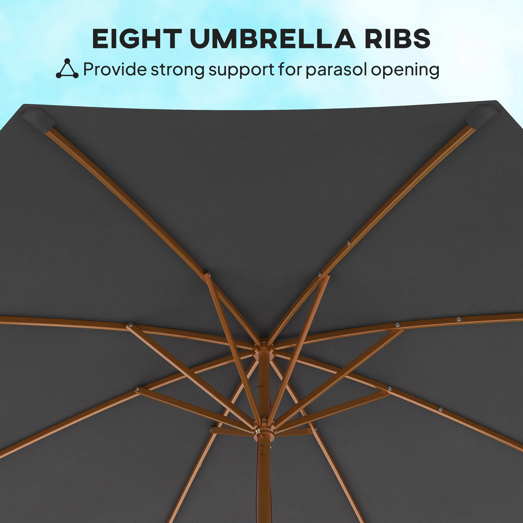Outsunny Wooden Garden Parasol with Rope Pulley Mechanism and 8 Ribs - Image 7