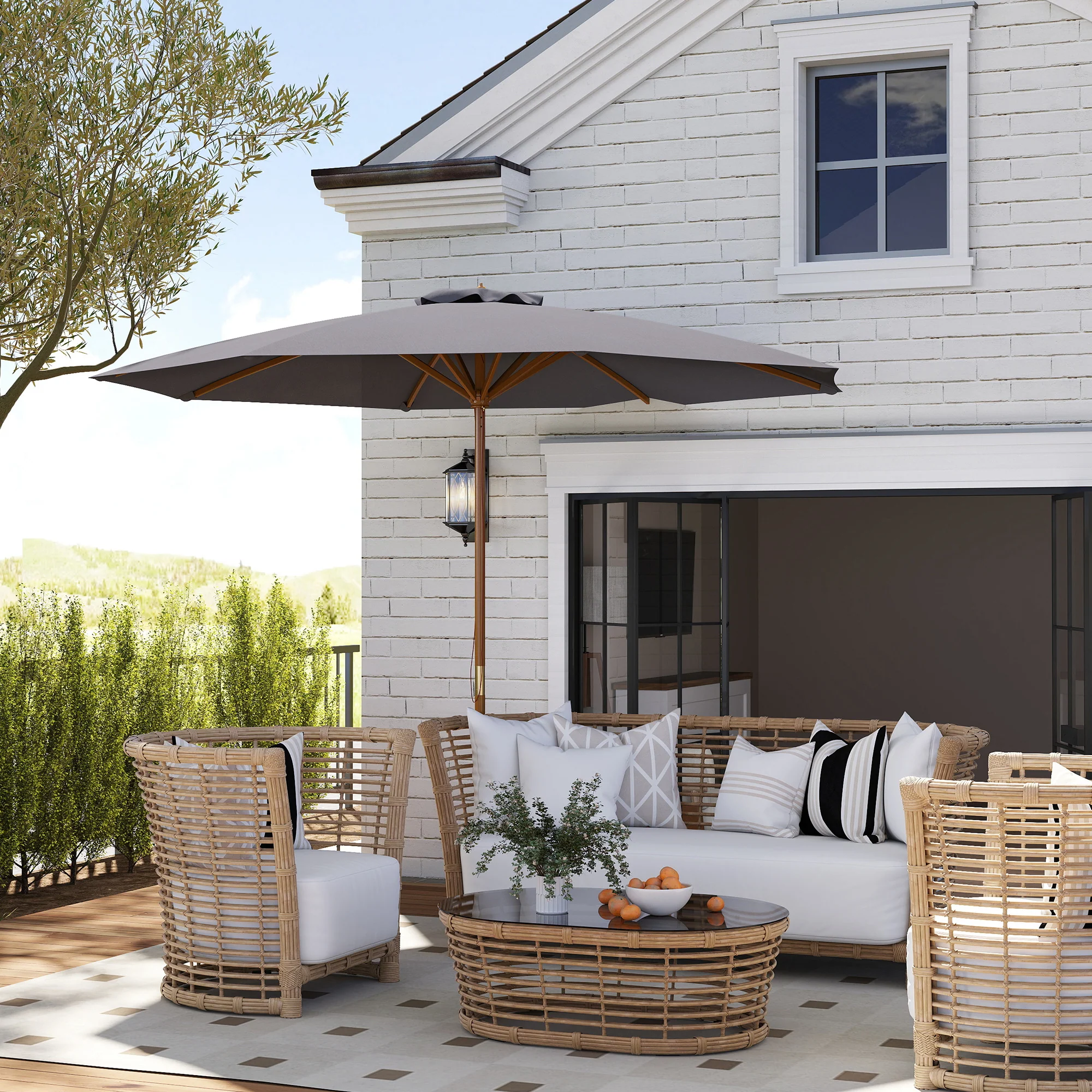 Outsunny Wooden Garden Parasol with Rope Pulley Mechanism and 8 Ribs - Image 9