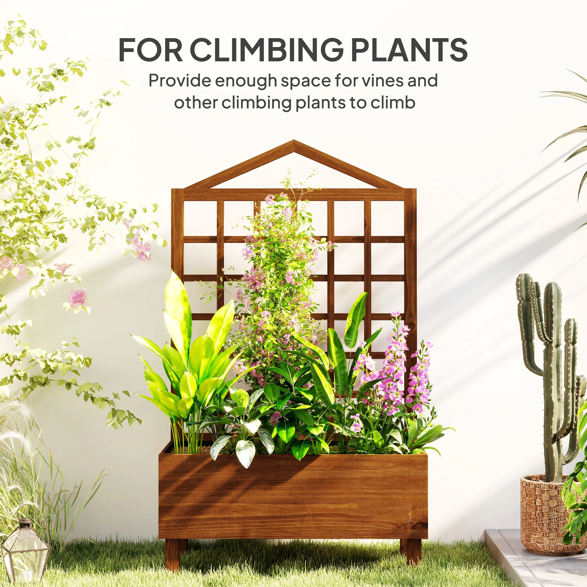 Outsunny Wooden Garden Planters With Trellis For Vine Climbing Plants Brown - Image 3