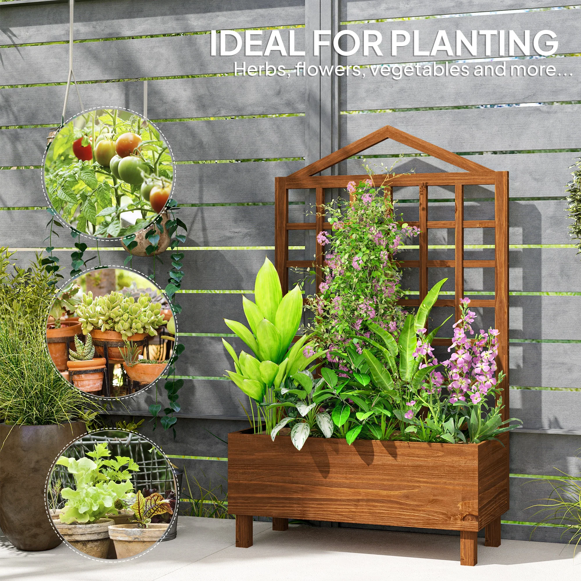 Outsunny Wooden Garden Planters With Trellis For Vine Climbing Plants Brown - Image 7