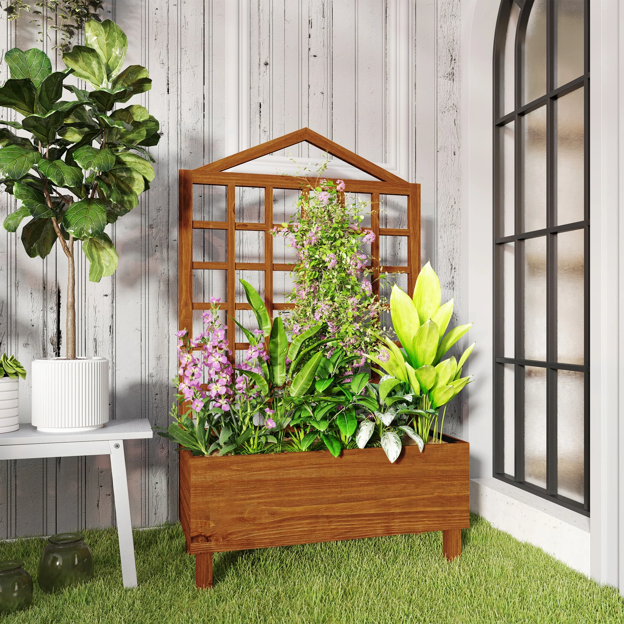Outsunny Wooden Garden Planters With Trellis For Vine Climbing Plants Brown - Image 8