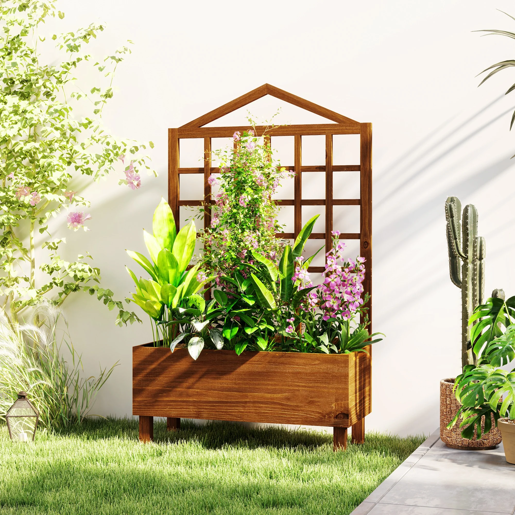 Outsunny Wooden Garden Planters With Trellis For Vine Climbing Plants Brown - Image 9