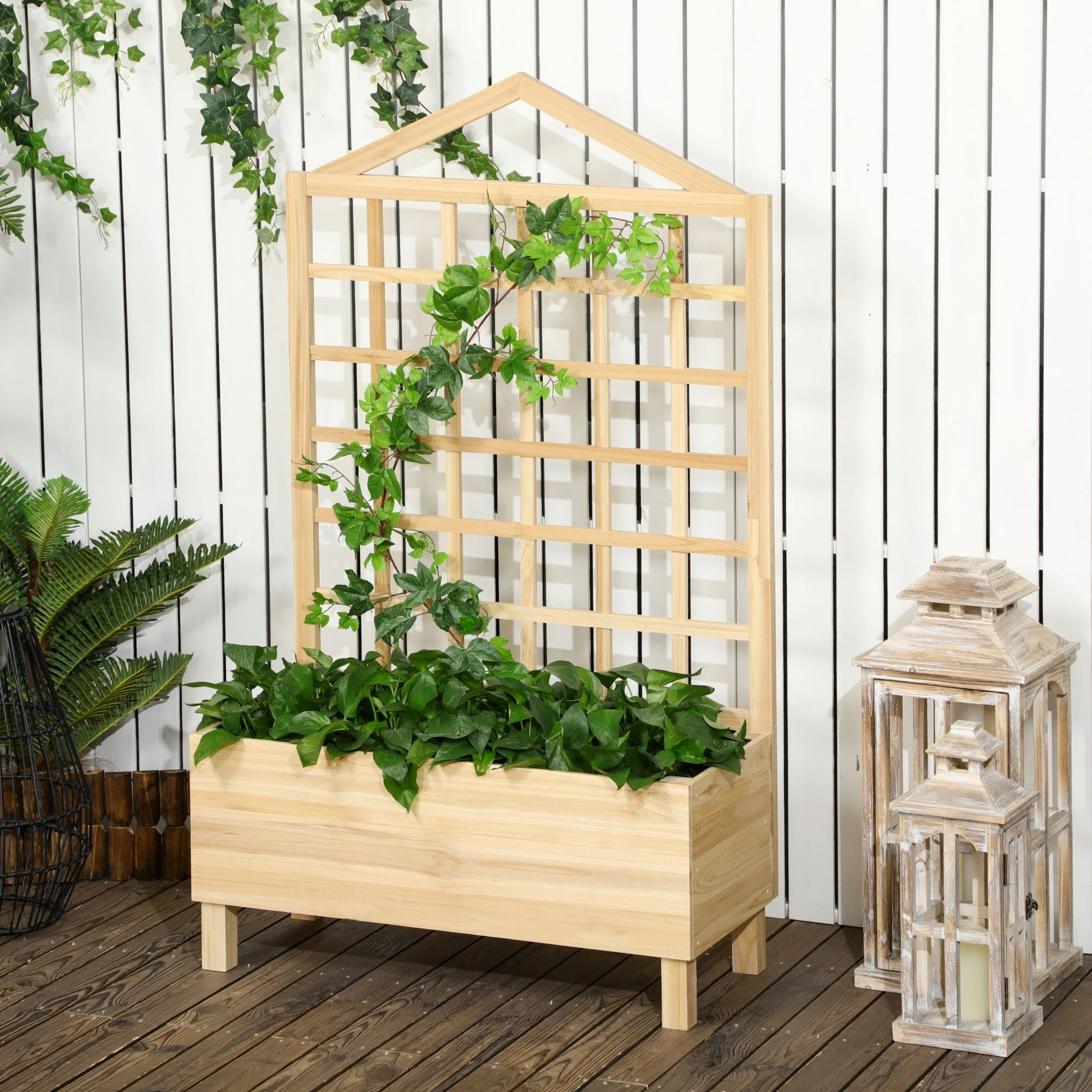 Outsunny Wooden Garden Planters with Trellis for Vine Climbing Plants, Natural - Image 2