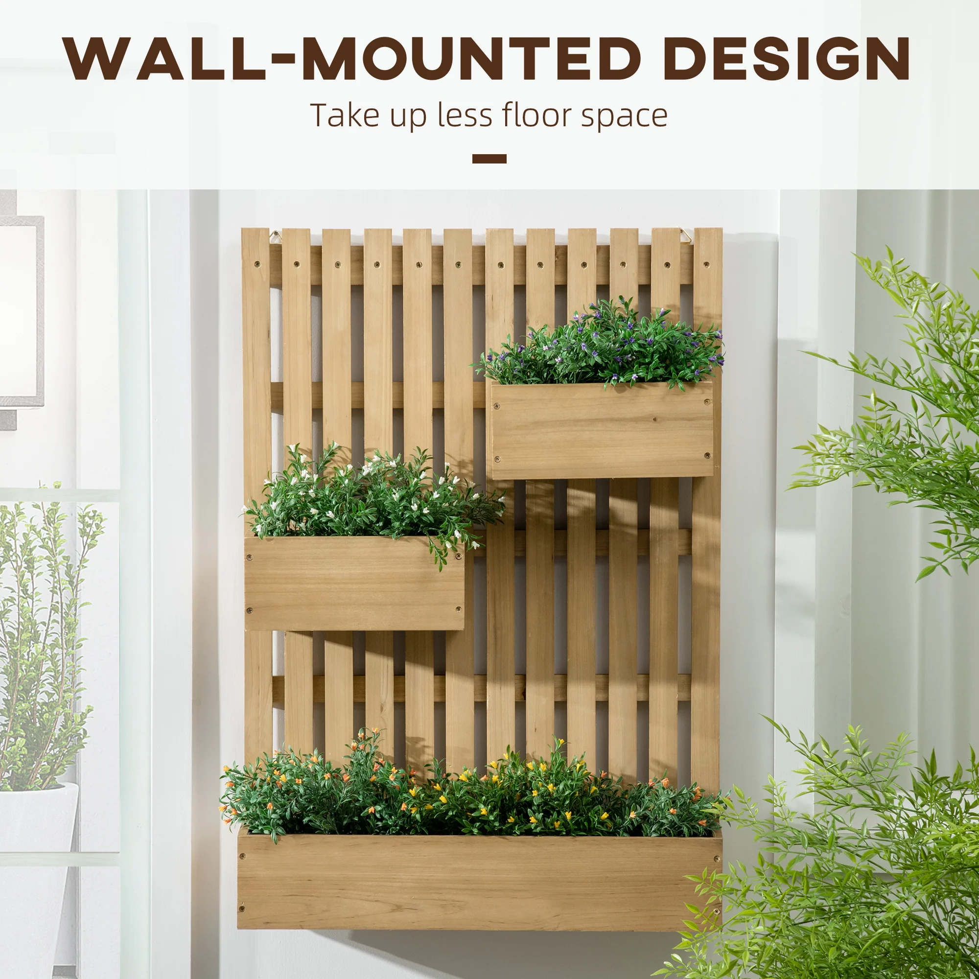 Outsunny Wooden Garden Planters with Trellis Wall-mounted Raised Garden Bed - Image 3