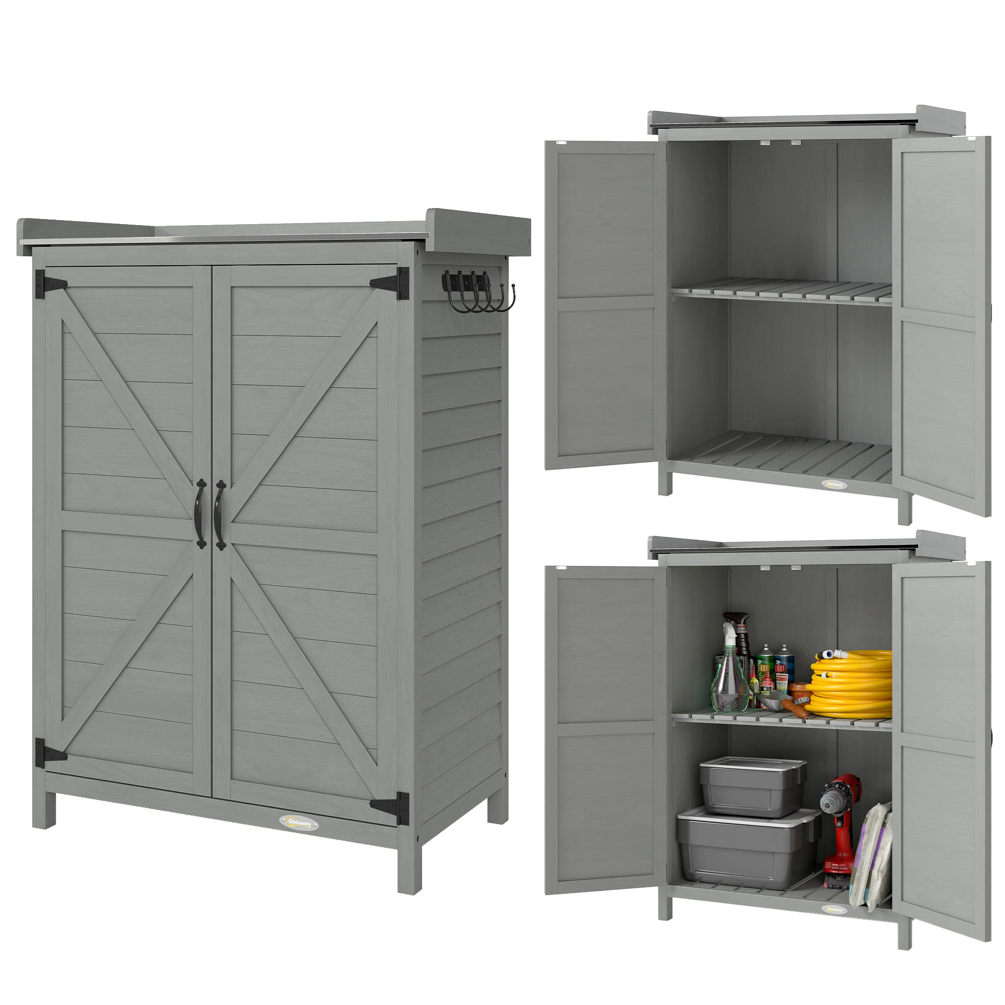 Outsunny Wooden Garden Shed, Garden Tool Storage Shed, Grey