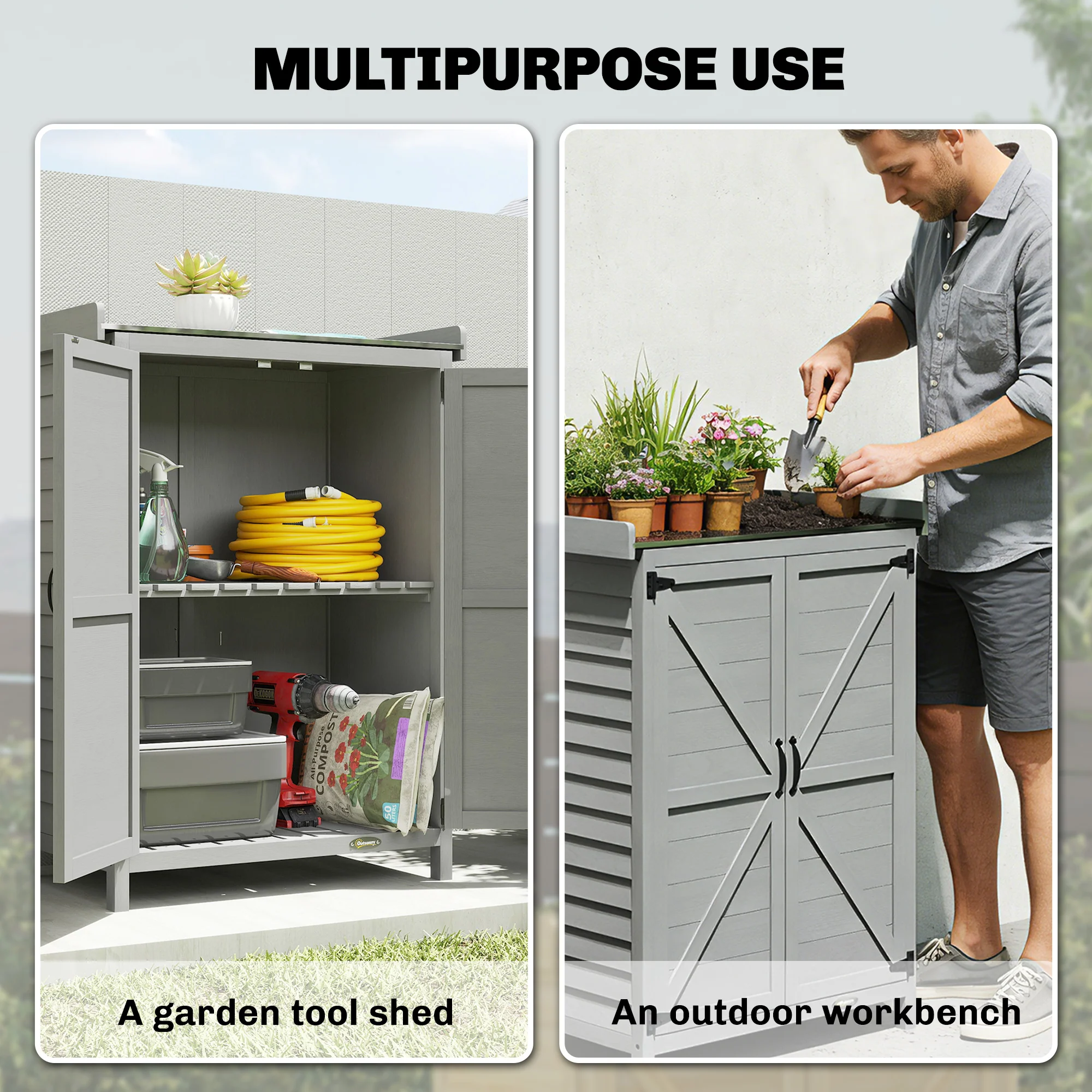 Outsunny Wooden Garden Shed, Garden Tool Storage Shed, Grey - Image 4