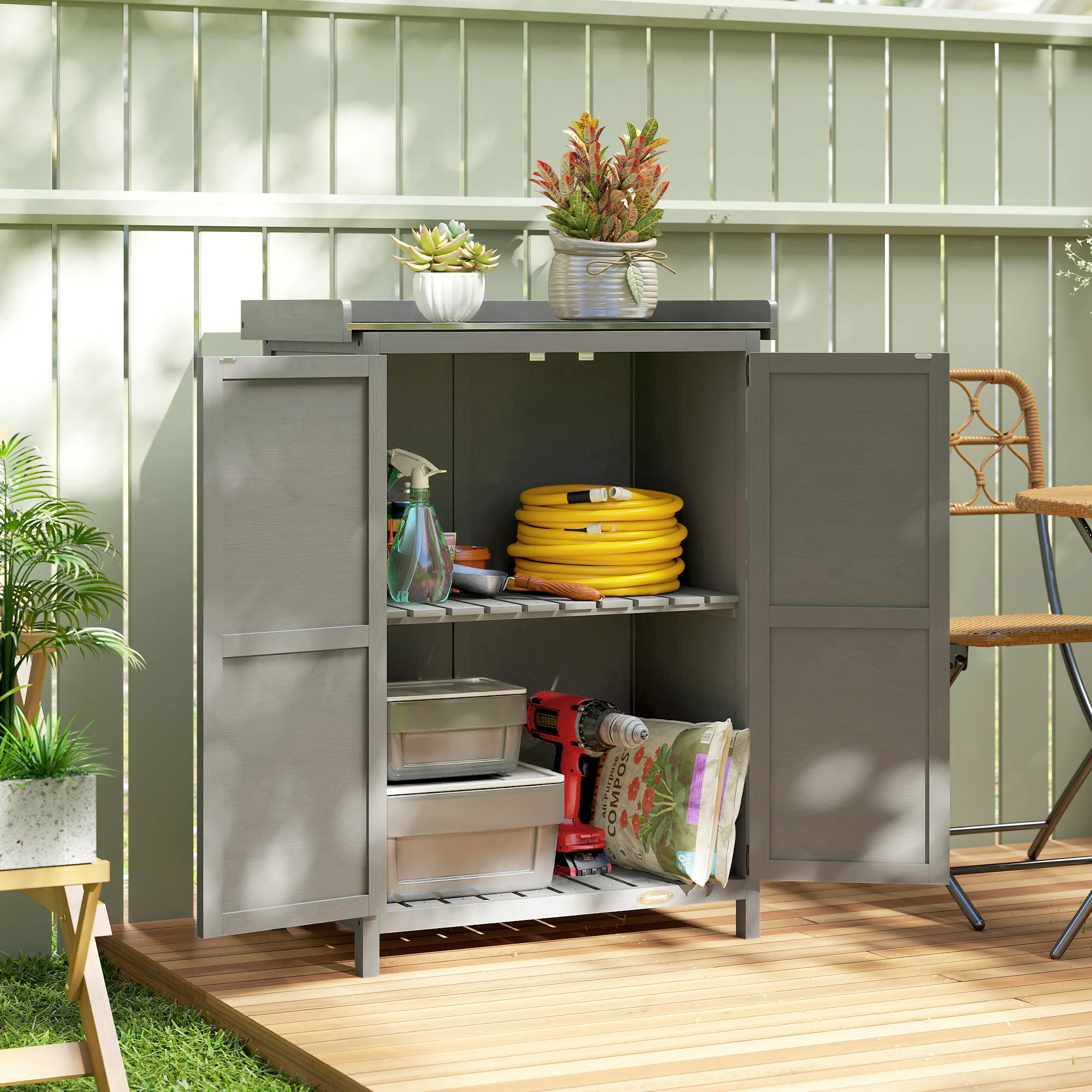 Outsunny Wooden Garden Shed, Garden Tool Storage Shed, Grey - Image 9