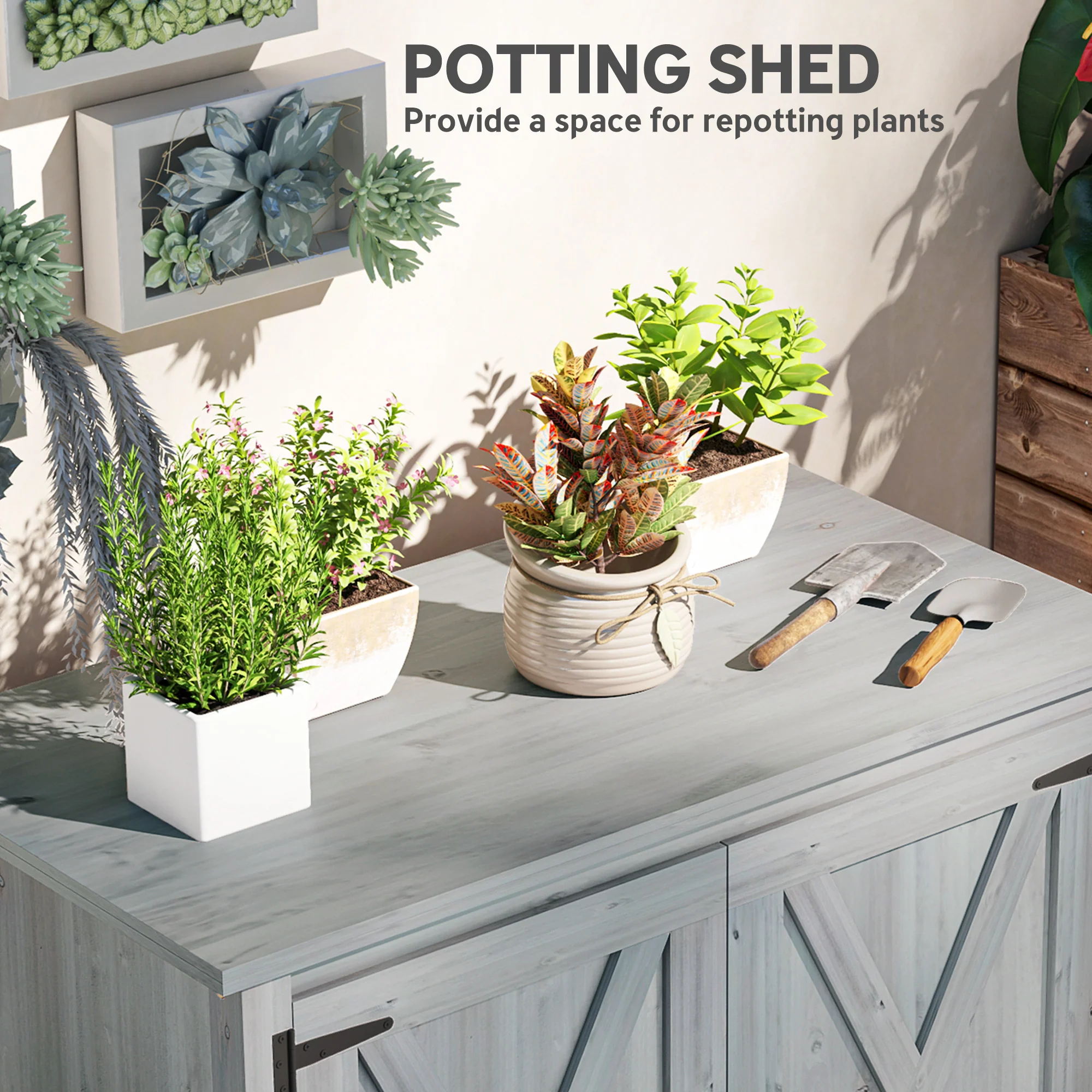 Outsunny Wooden Garden Shed Tool Cabinet 110 x 60 x 88.5 cm, Light Grey - Image 4